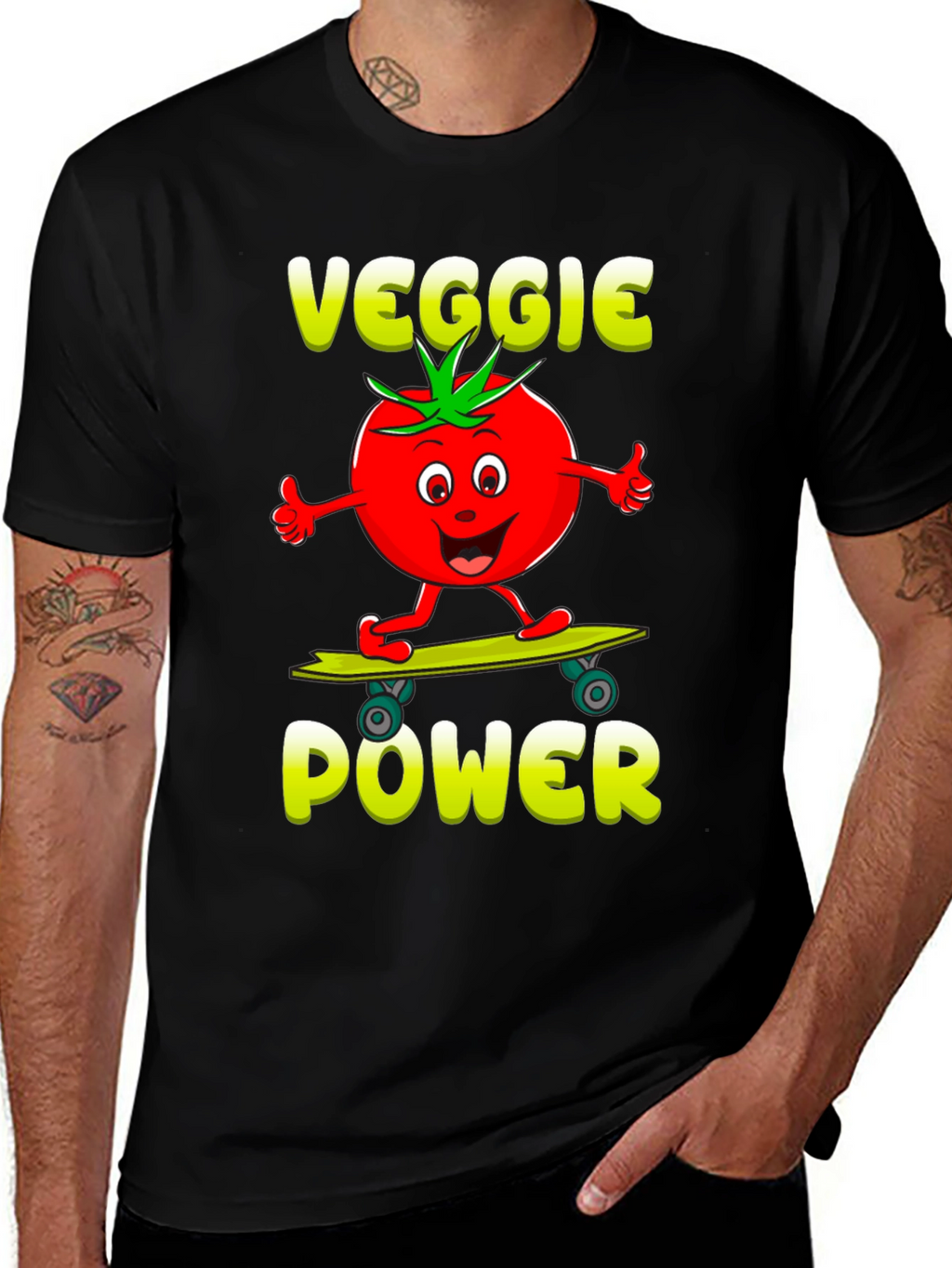 Veggie Power T-Shirt - Cartoon Tomato Skateboard Tee