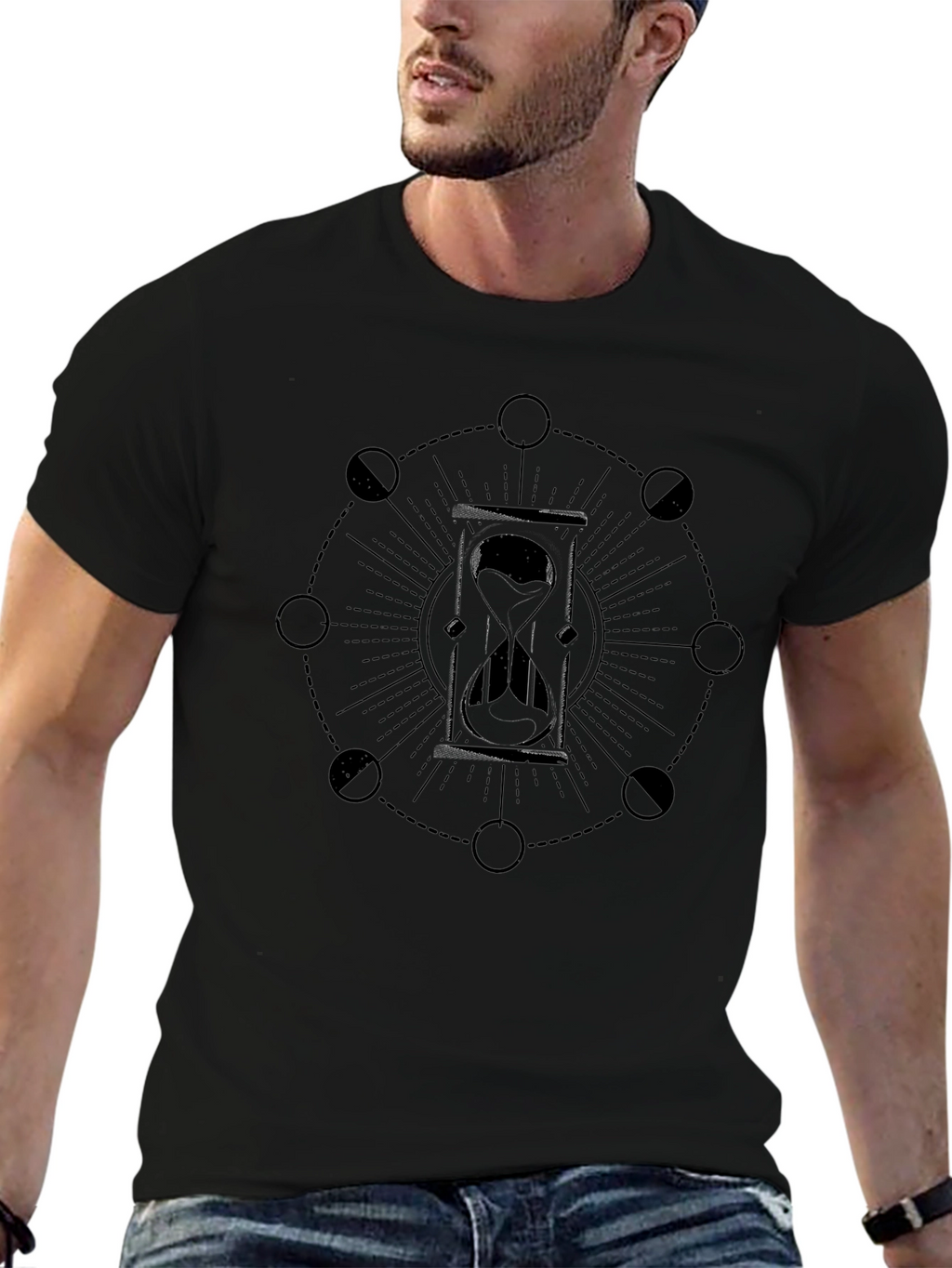 Mens Black Hourglass Moon Phase Graphic T-Shirt