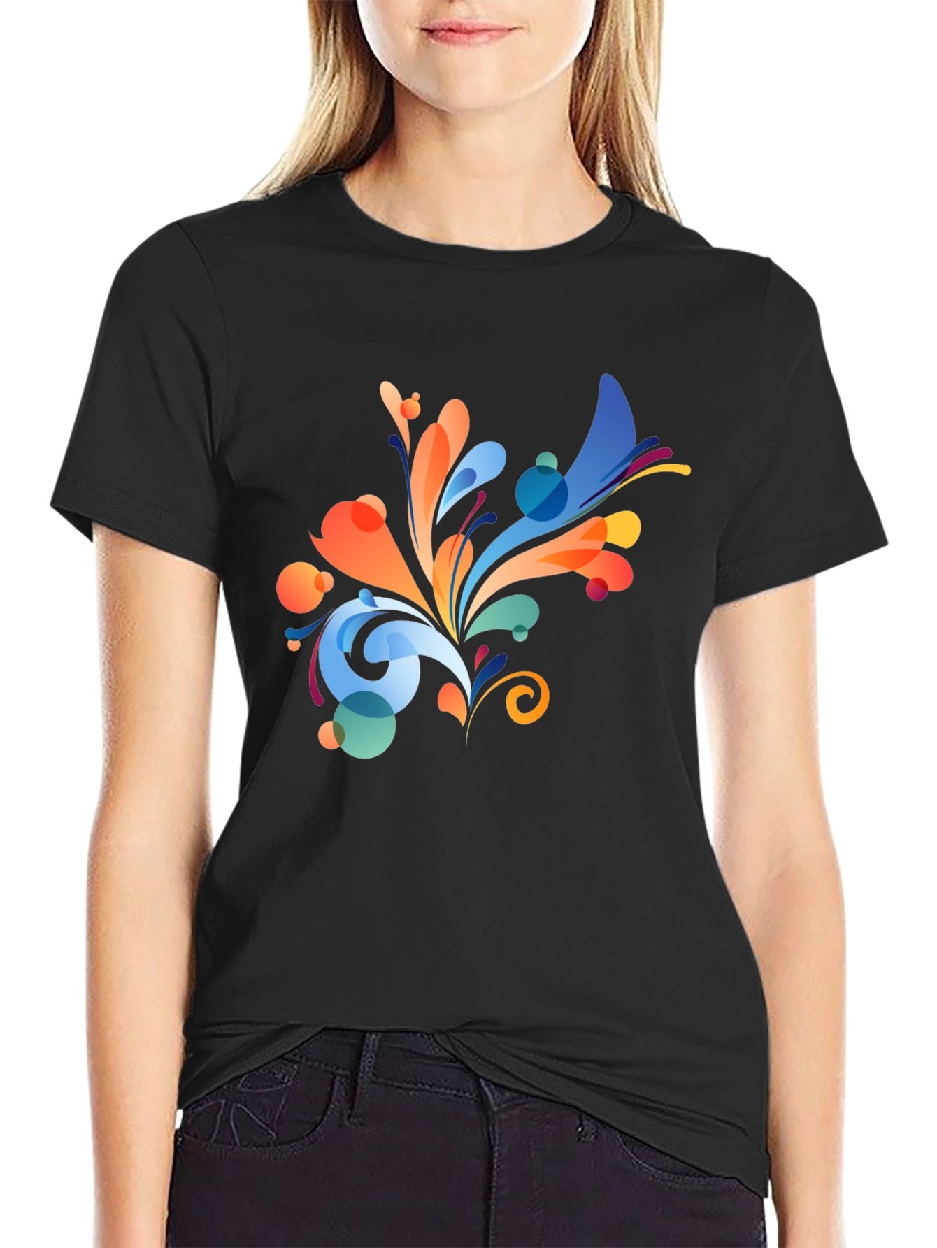 Colorful Abstract Floral Print Black T-Shirt