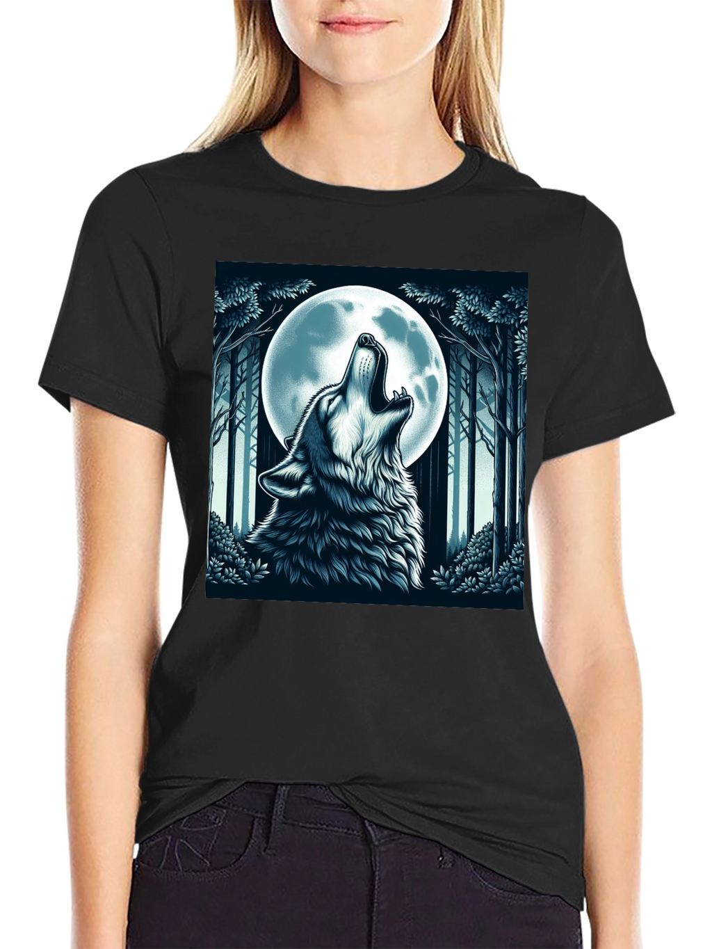 Wolf Howling at Moon Graphic Tee - Black