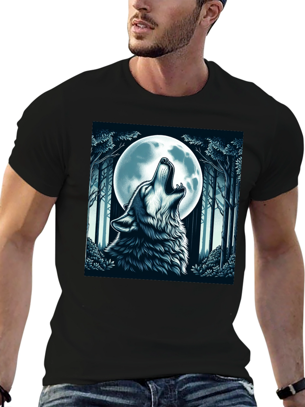 Wolf Howling at Moon Graphic Tee - Black