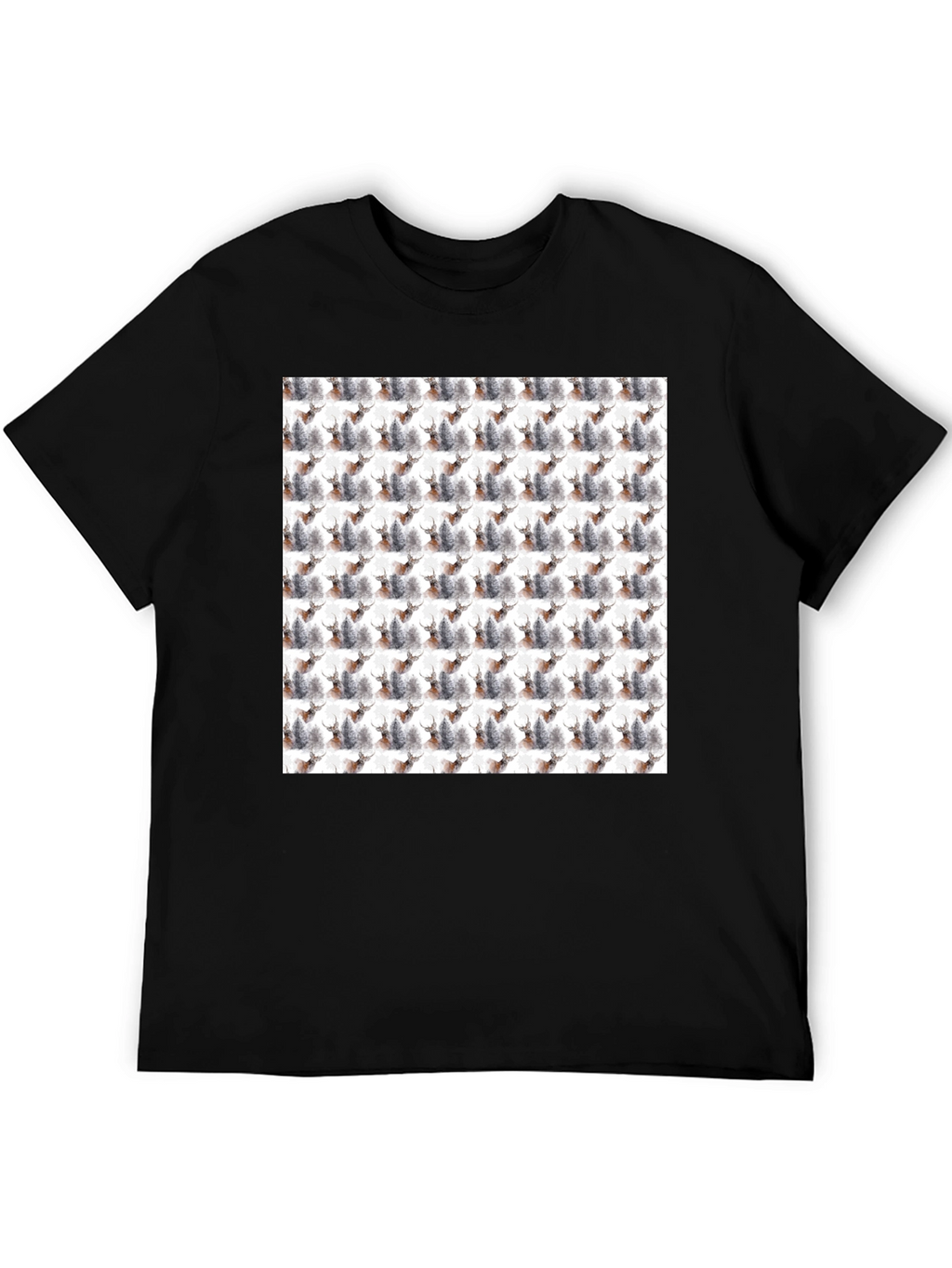 Deer Forest Pattern Black T-Shirt