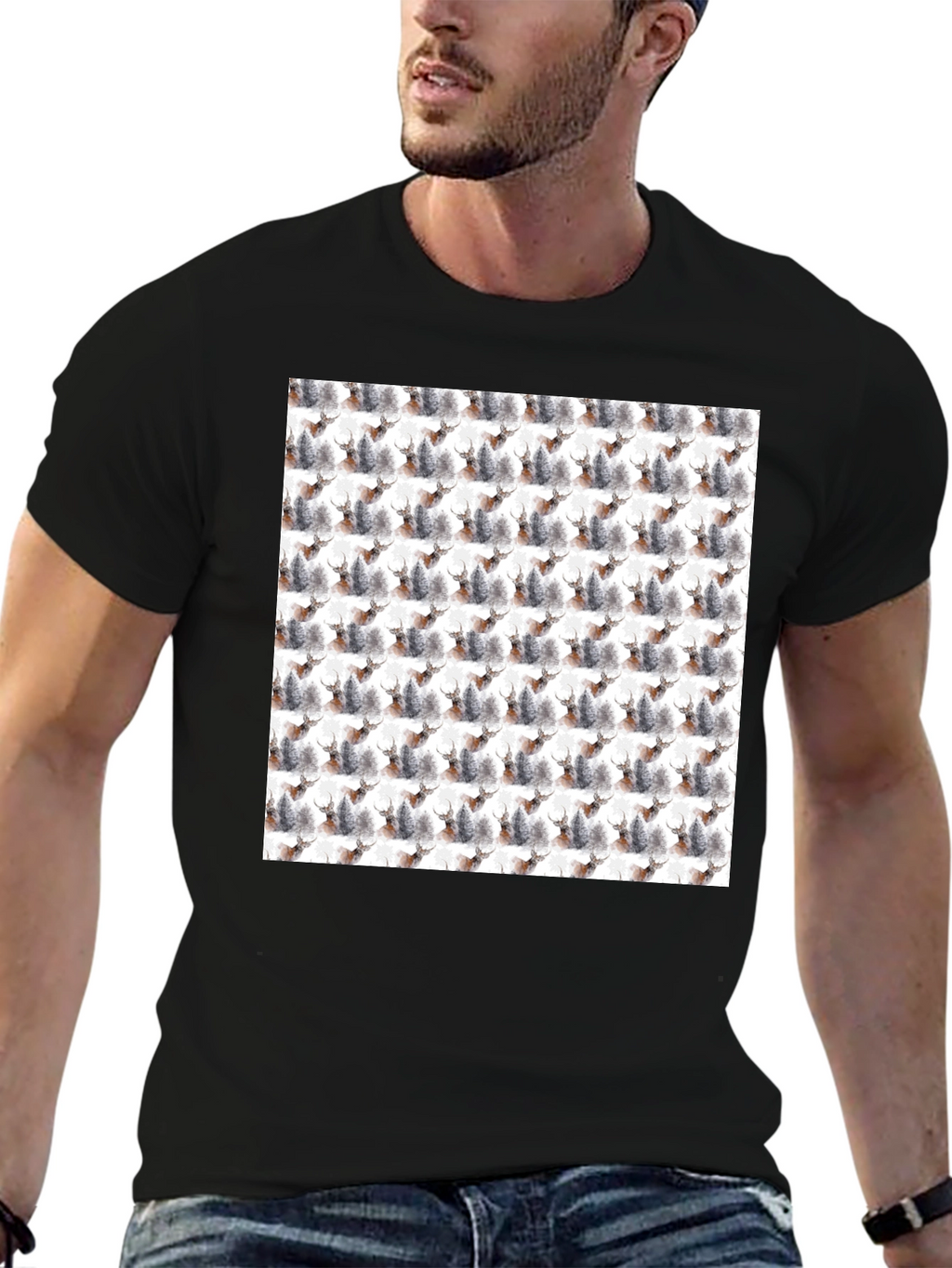Deer Forest Pattern Black T-Shirt