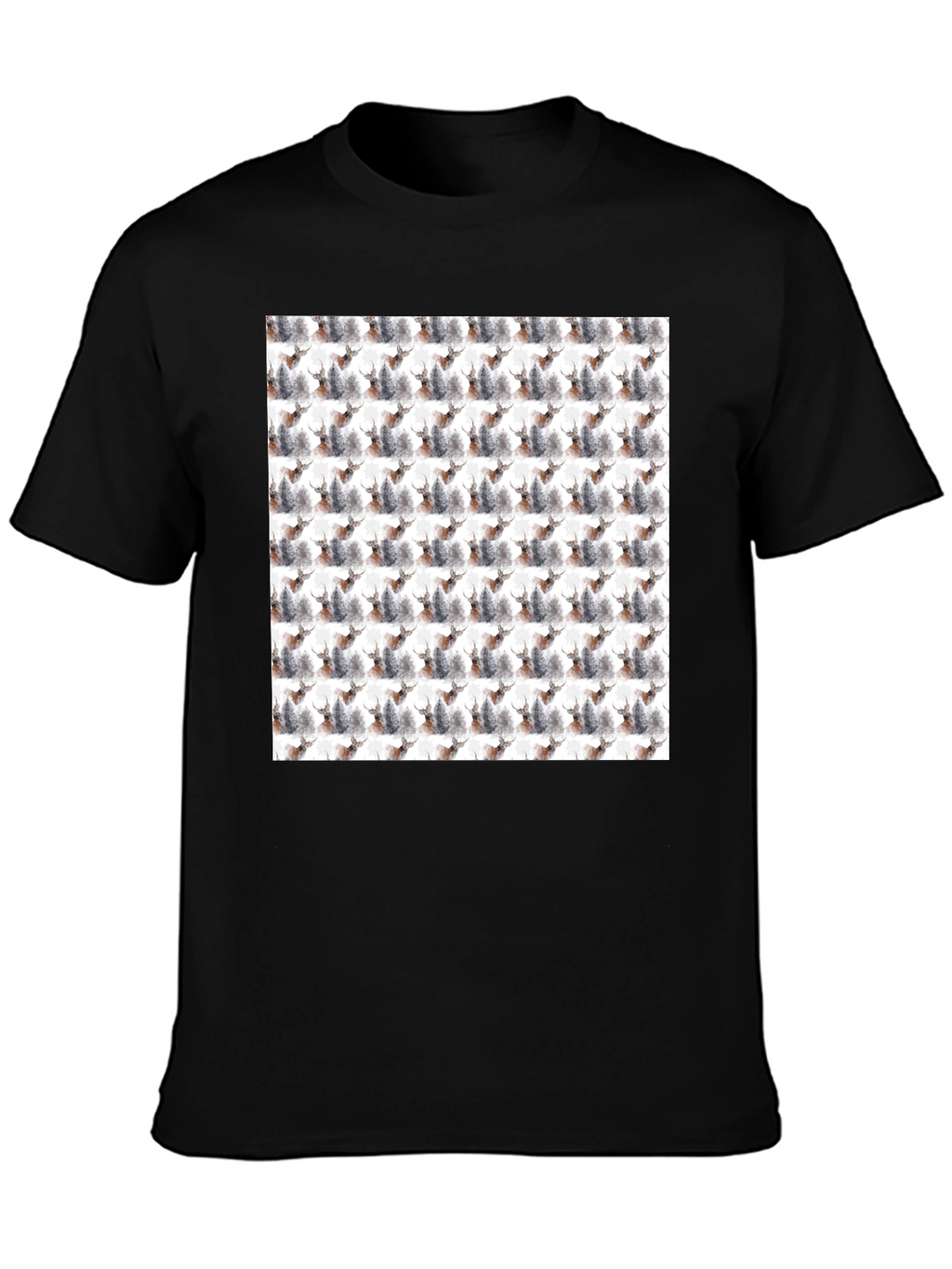 Deer Forest Pattern Black T-Shirt