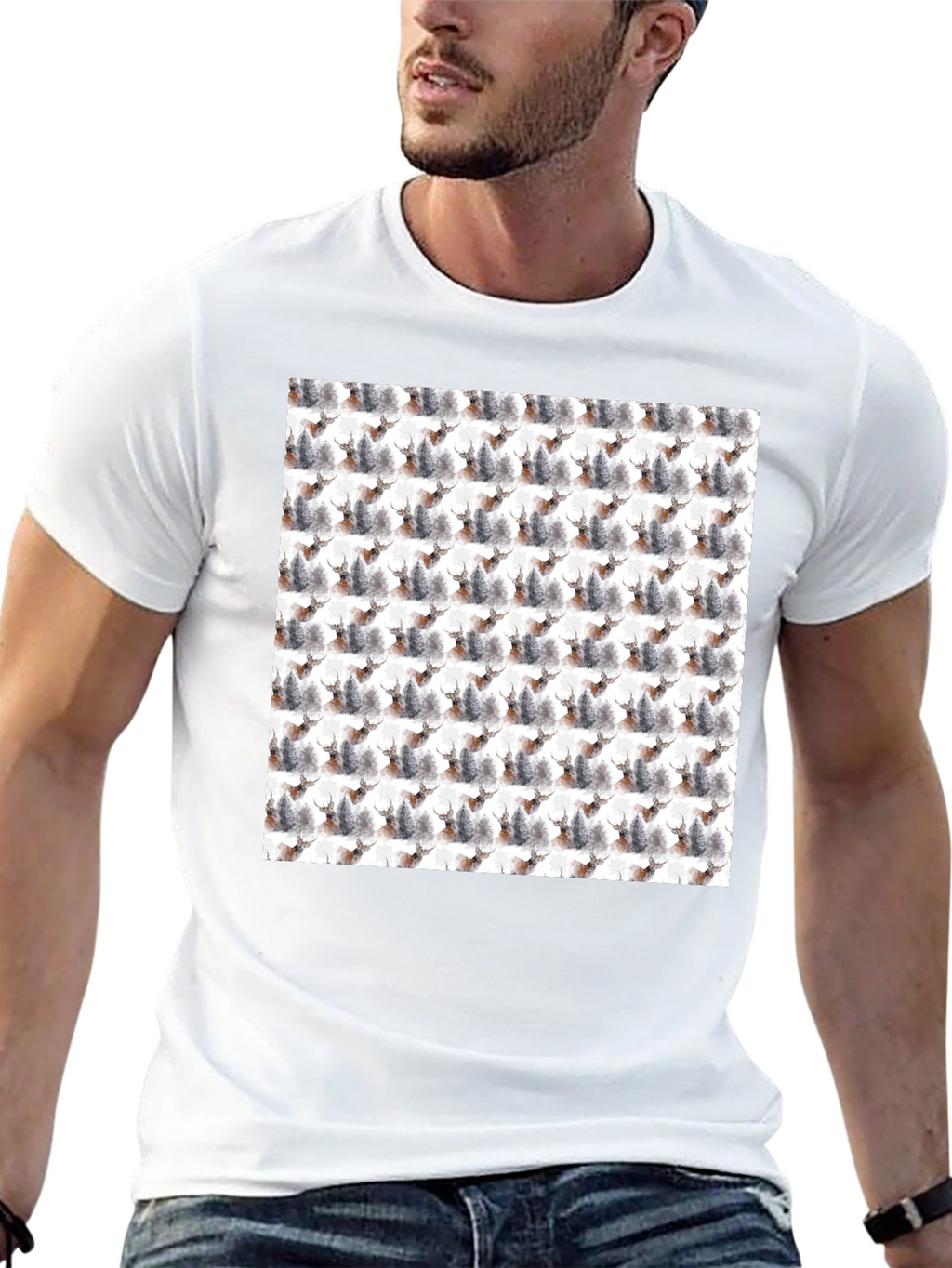 Deer Forest Pattern Black T-Shirt