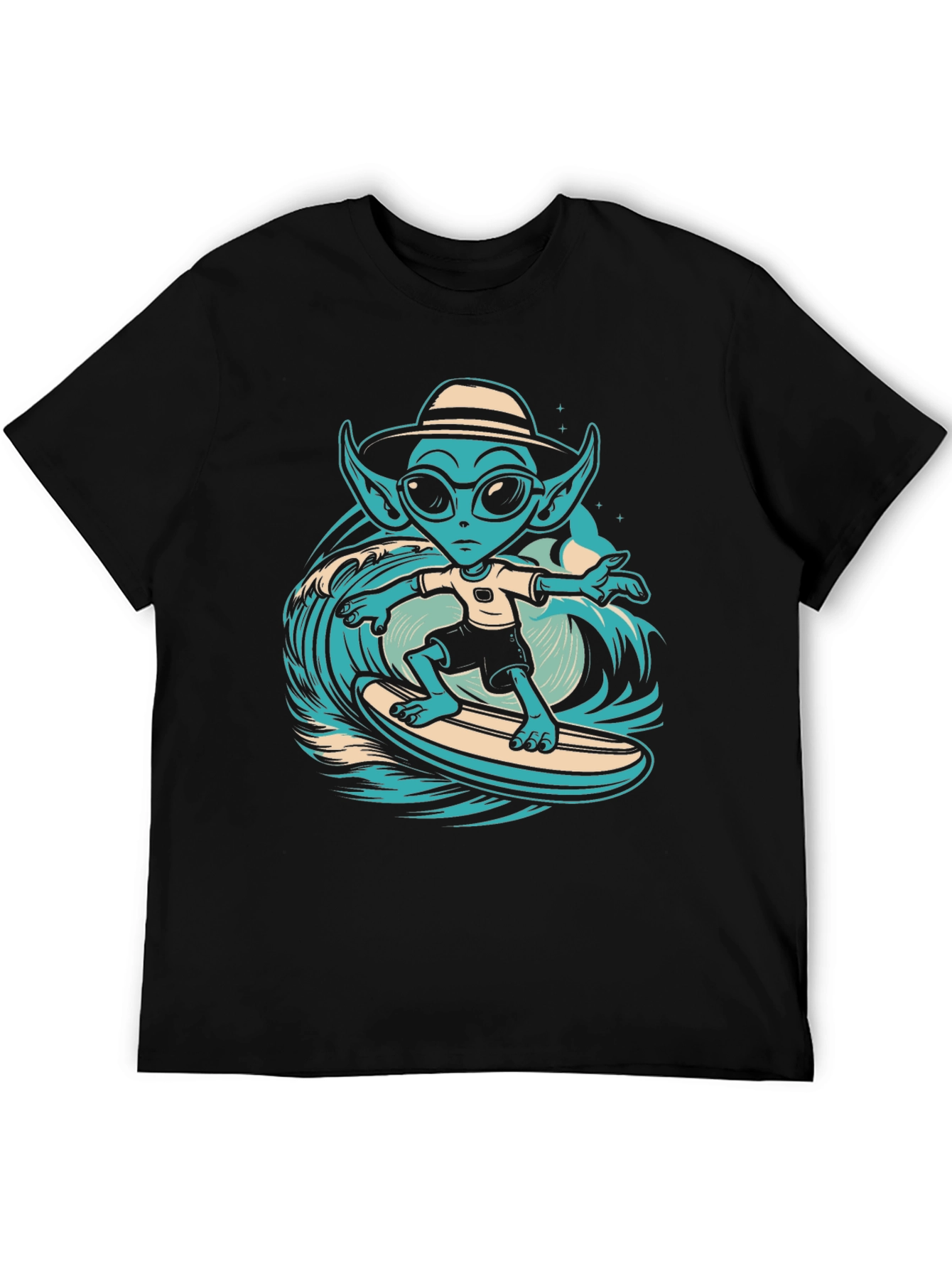 Surfing Alien Graphic Tee - Black Cotton T-Shirt