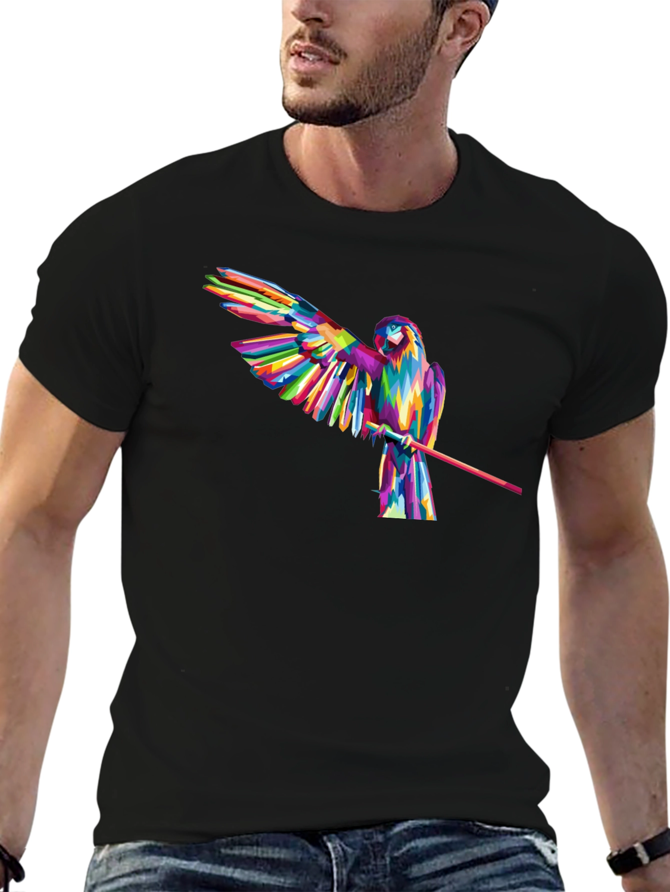 Vibrant Parrot Graphic Tee - Mens Black T-Shirt