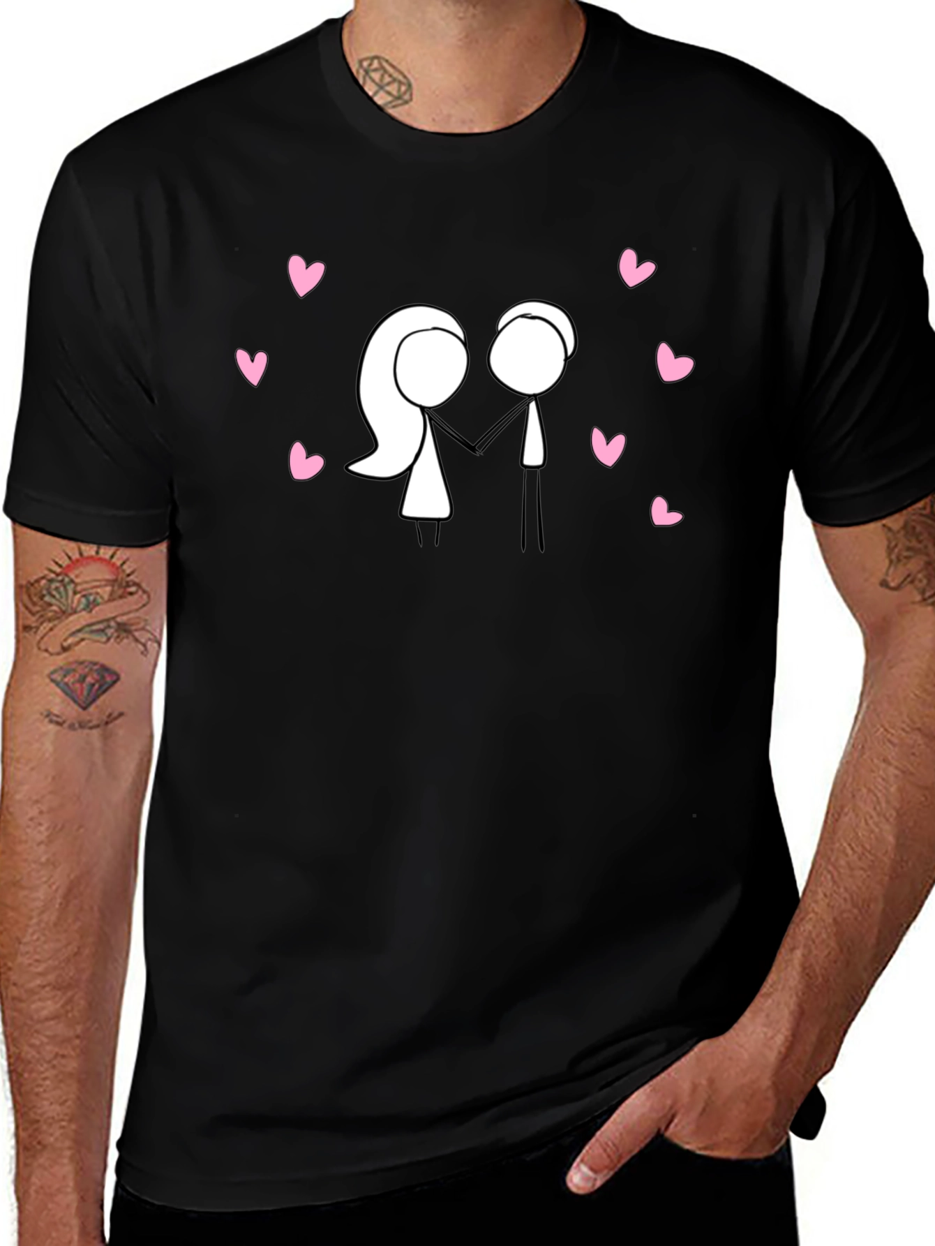 Stick Figure Couple in Love Black T-Shirt