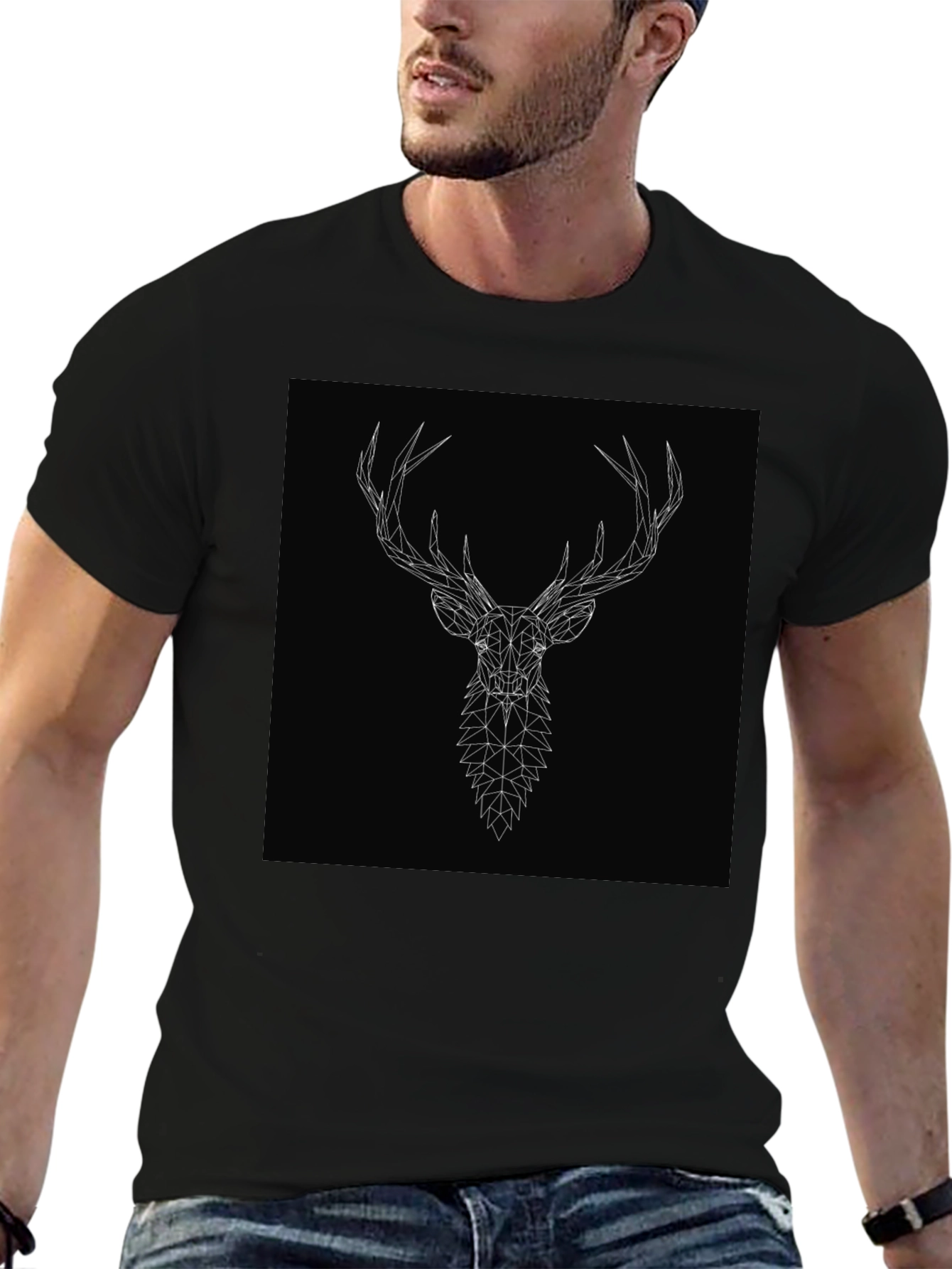 Geometric Deer Head Graphic Tee - Black