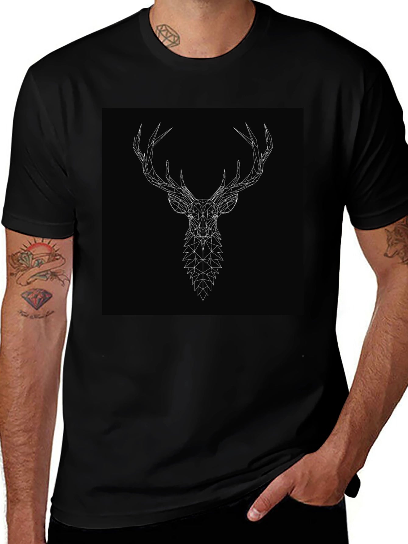 Geometric Deer Head Graphic Tee - Black