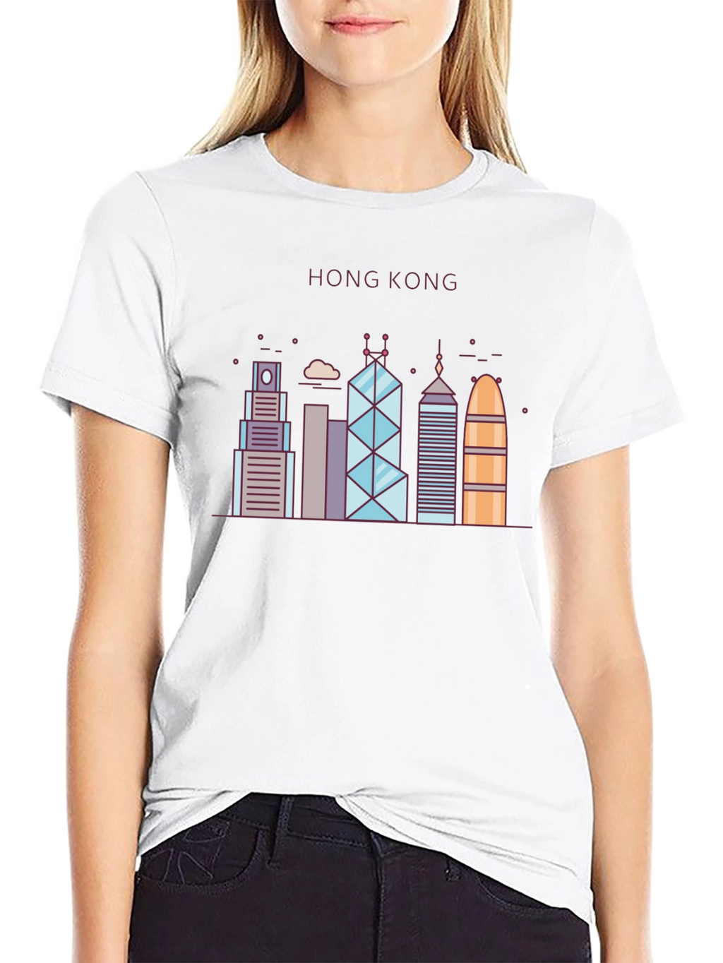 Hong Kong Skyline Graphic Tee - Black Cotton Blend