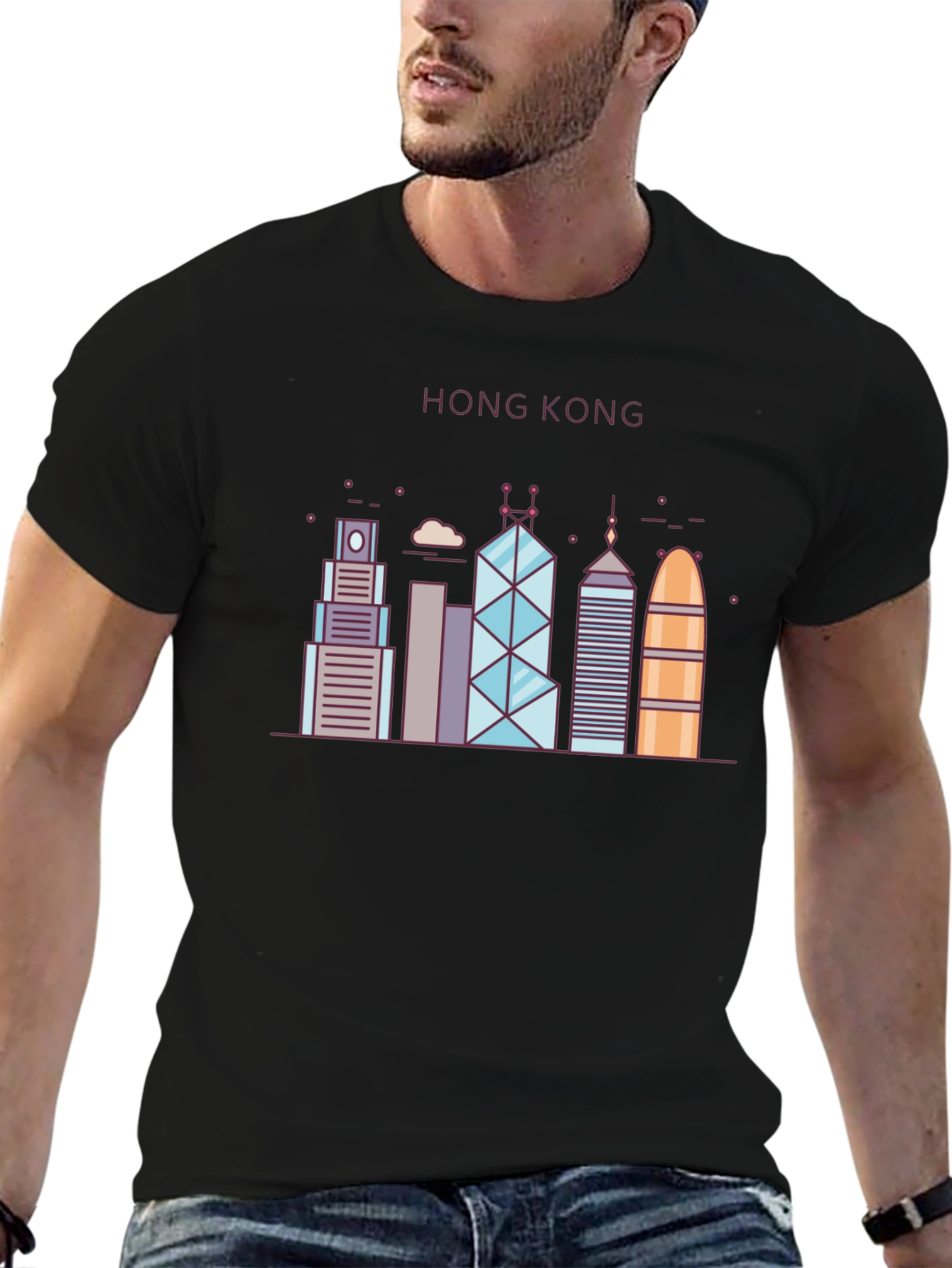 Hong Kong Skyline Graphic Tee - Black Cotton Blend
