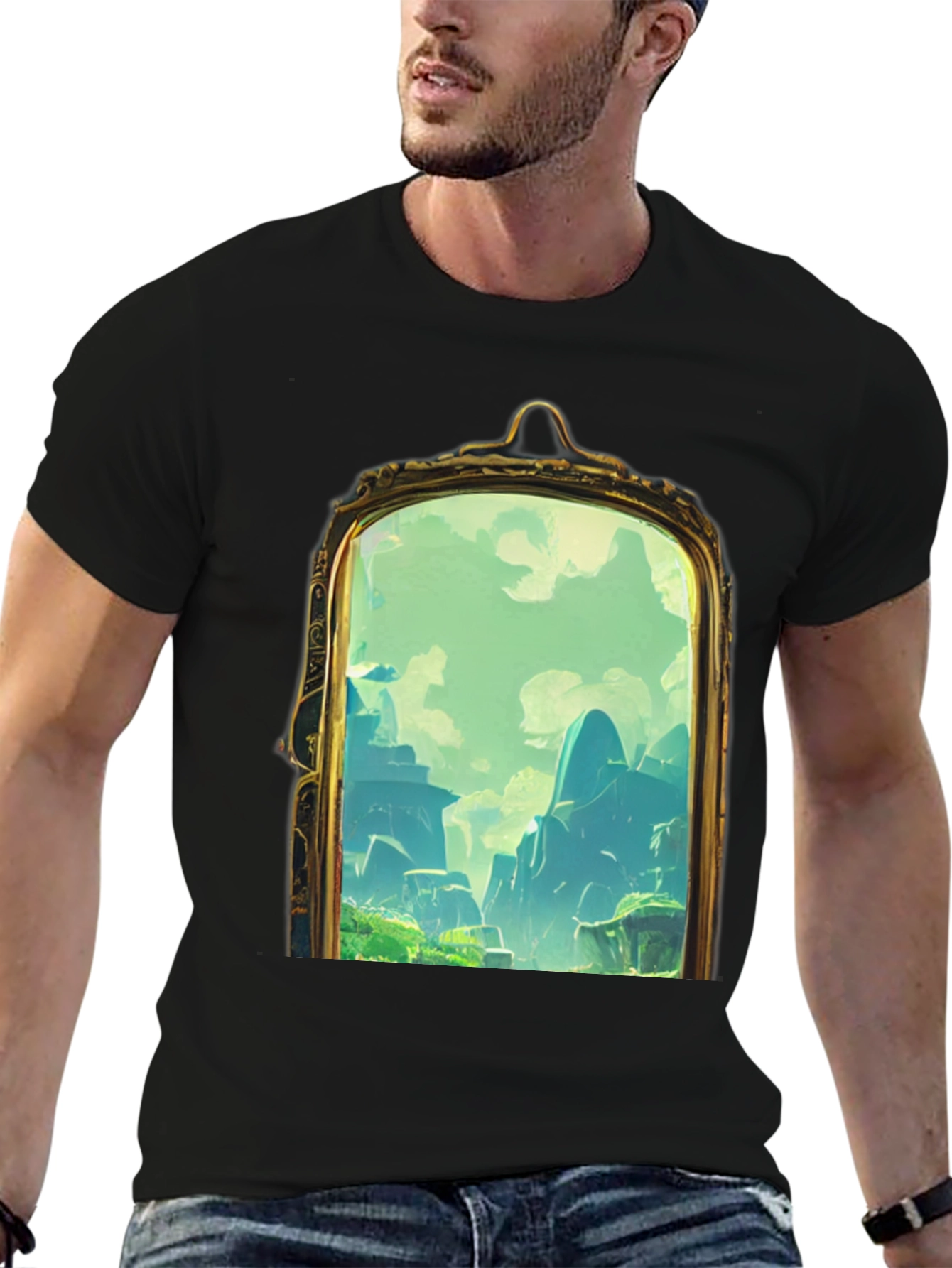 Black T-Shirt with Framed Landscape Design