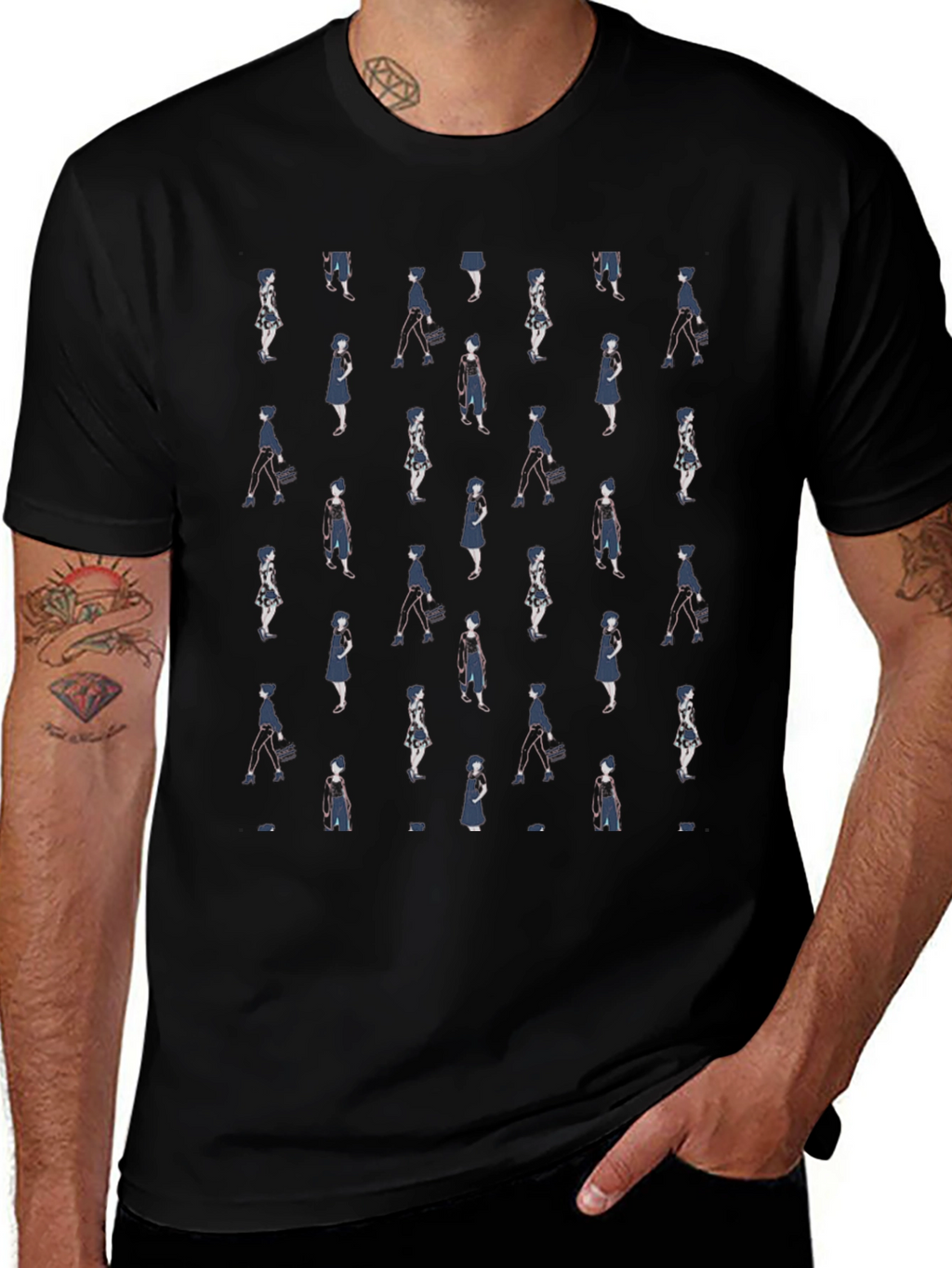 Patterned Womens Figure Black Graphic T-Shirt