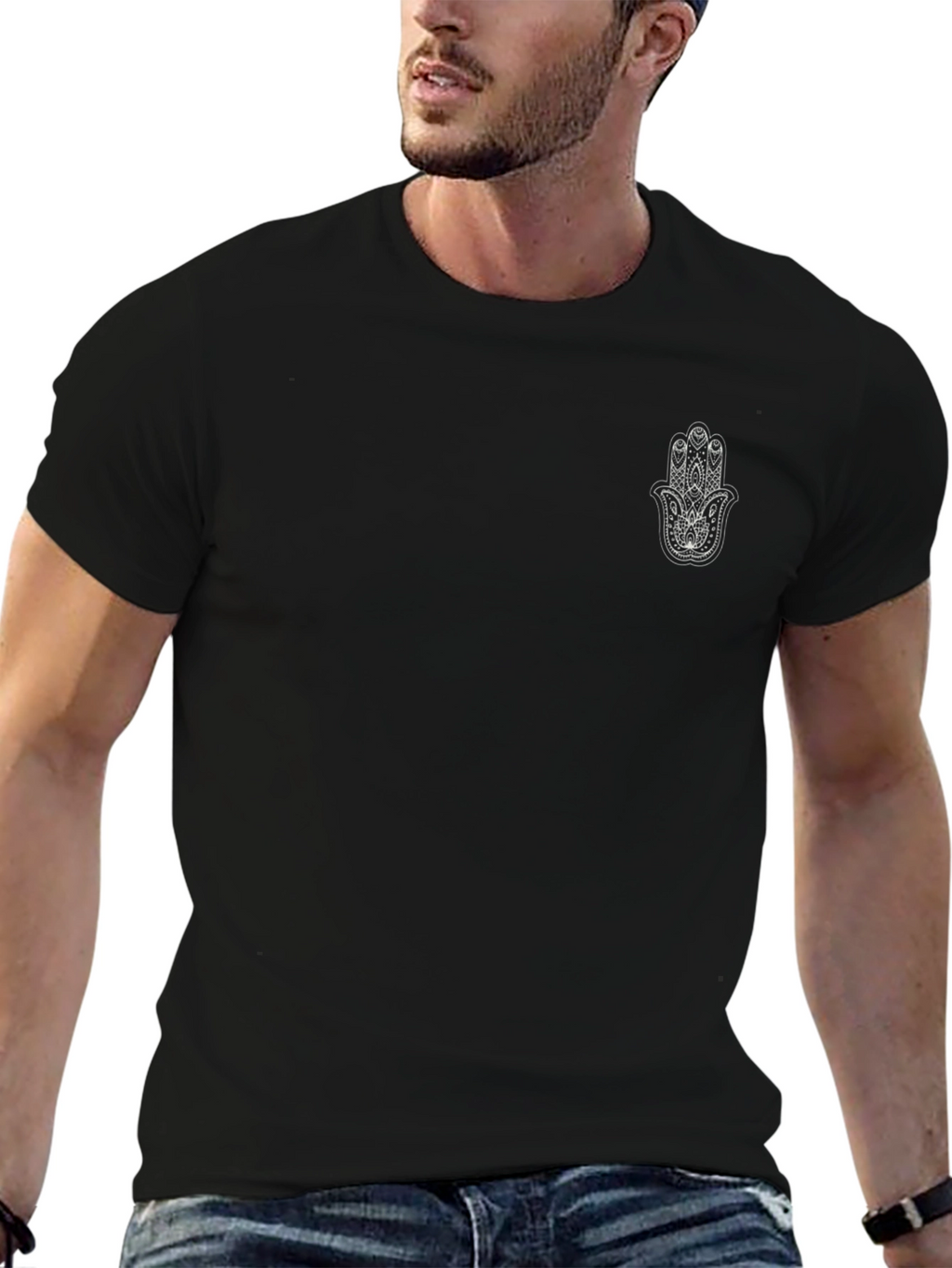 Mens Black T-Shirt with Hamsa Hand Graphic