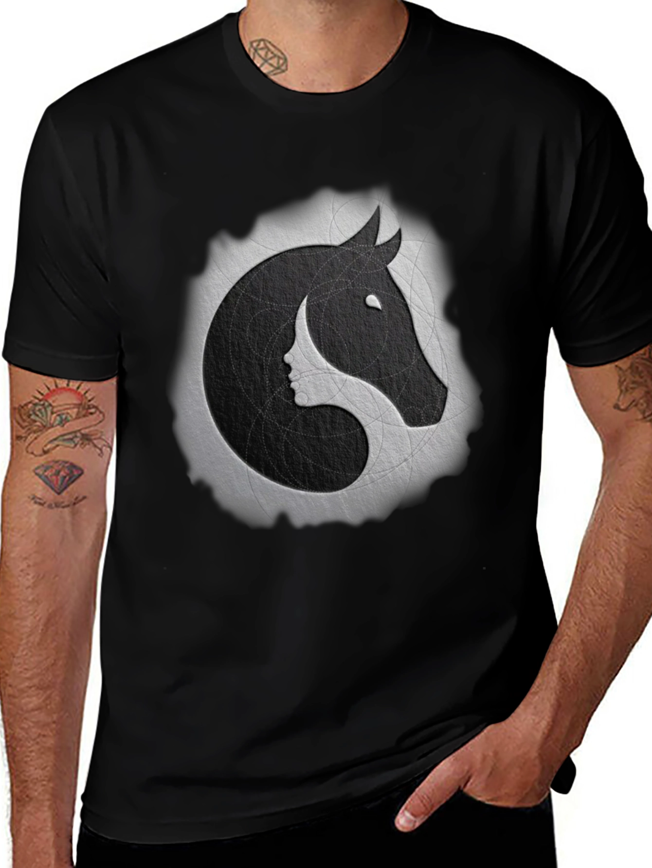 Yin Yang Horse & Woman Face Graphic Tee - Stylish Comfort