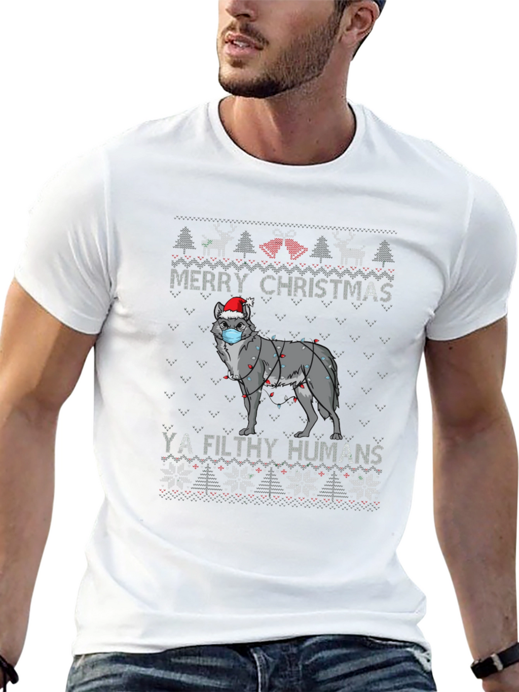 Merry Christmas Ya Filthy Humans Wolf Ugly Sweater T-Shirt