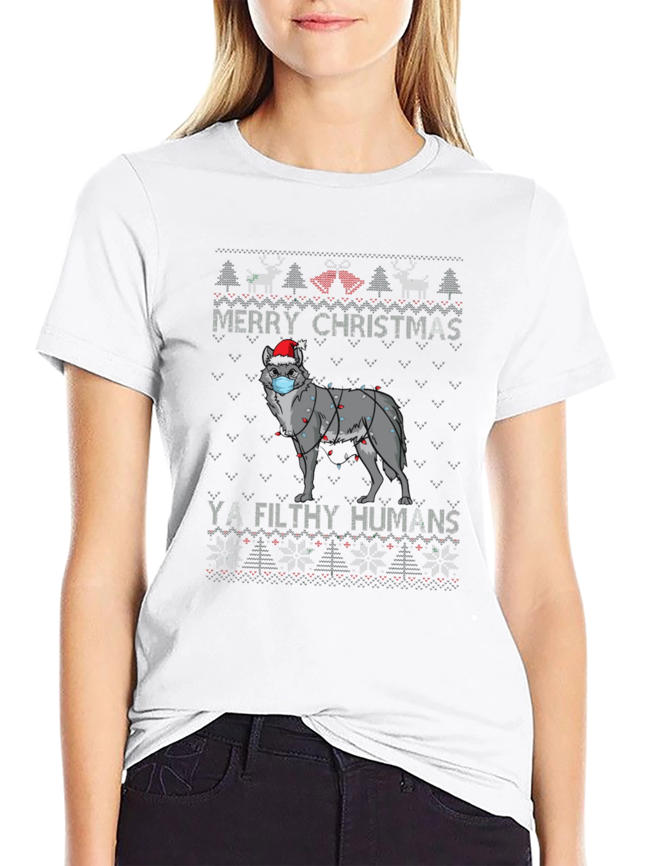 Merry Christmas Ya Filthy Humans Wolf Ugly Sweater T-Shirt