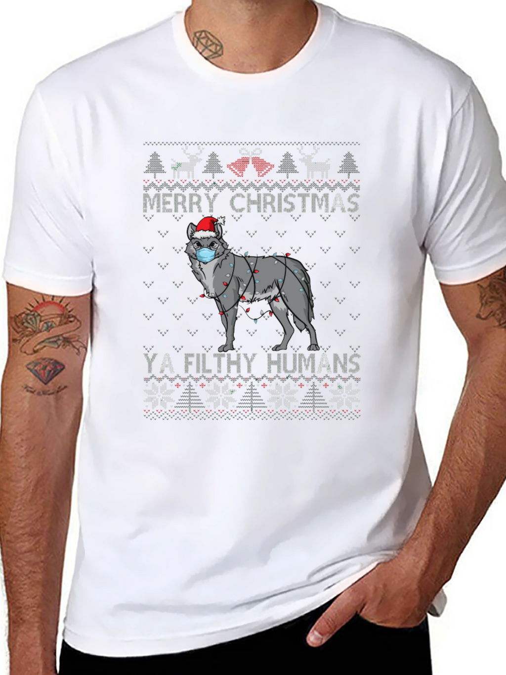 Merry Christmas Ya Filthy Humans Wolf Ugly Sweater T-Shirt