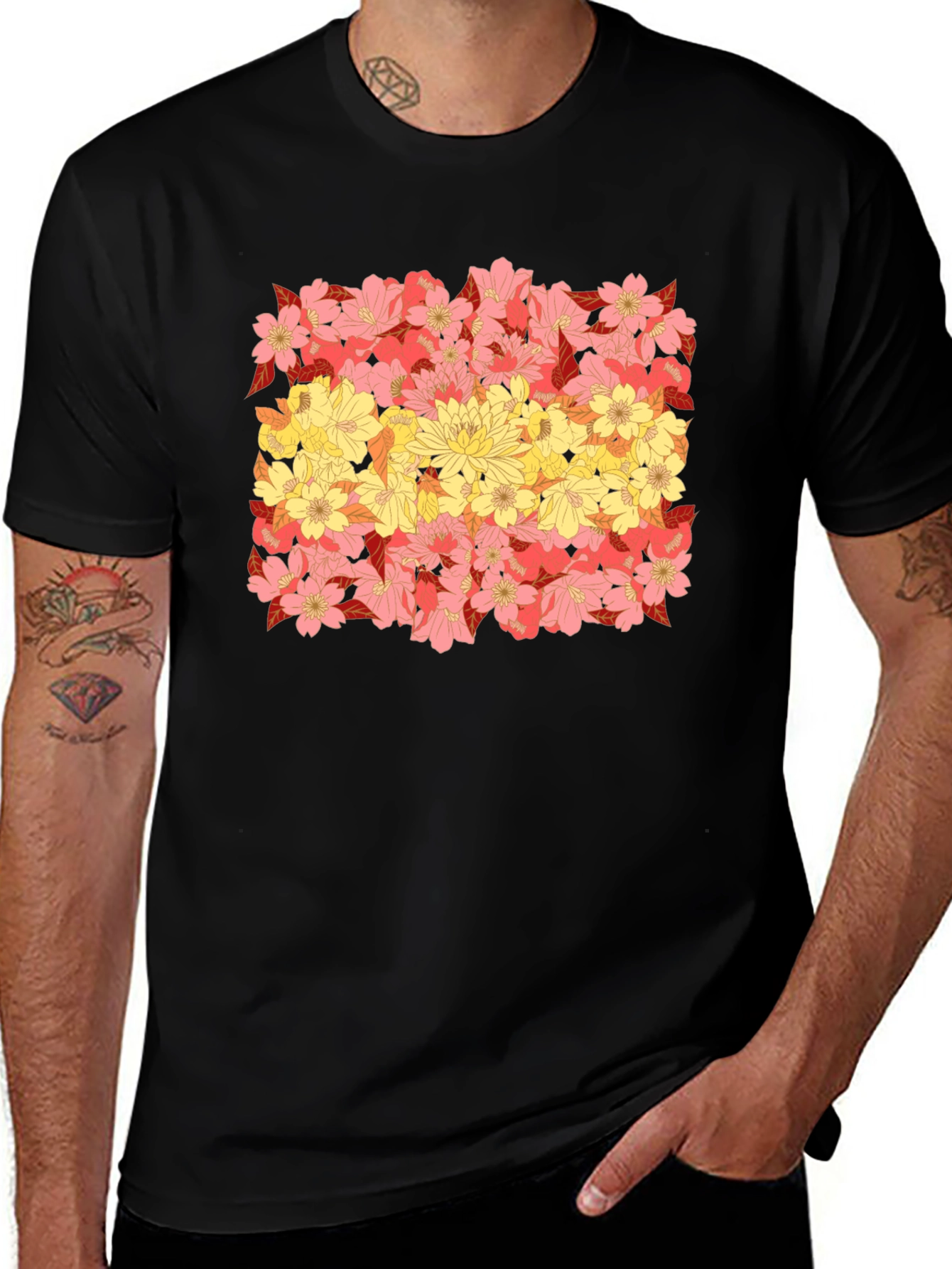 Floral Flag Graphic Tee - Black Crew Neck T-Shirt