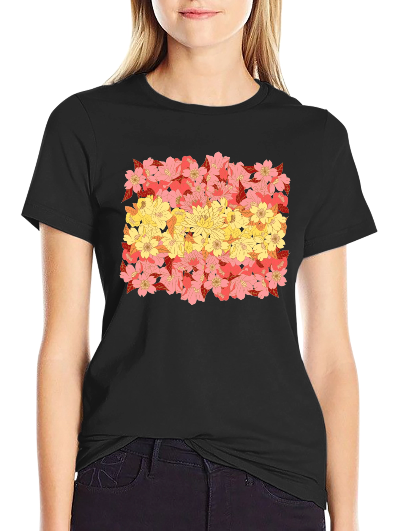 Floral Flag Graphic Tee - Black Crew Neck T-Shirt