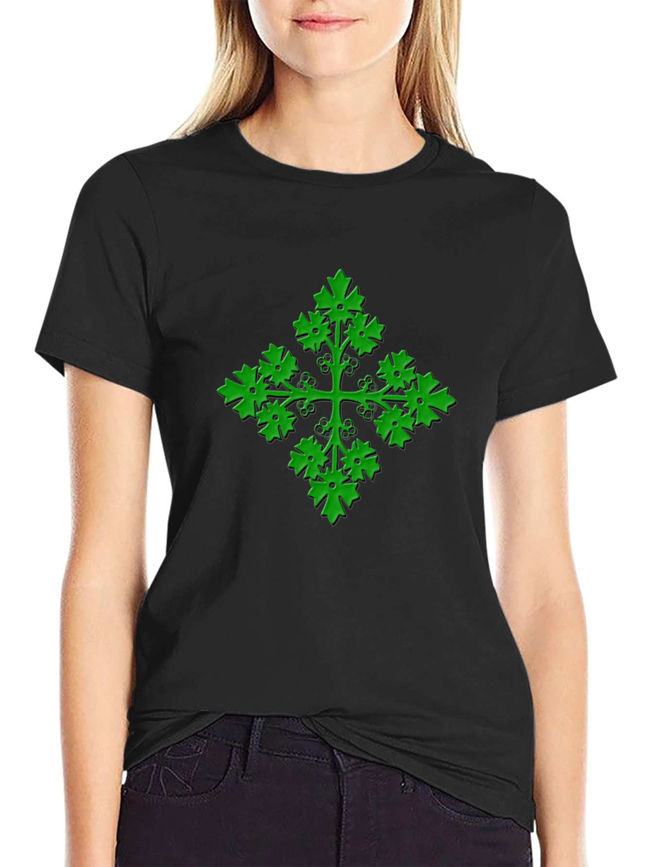 Green Leaf Cross Black T-Shirt