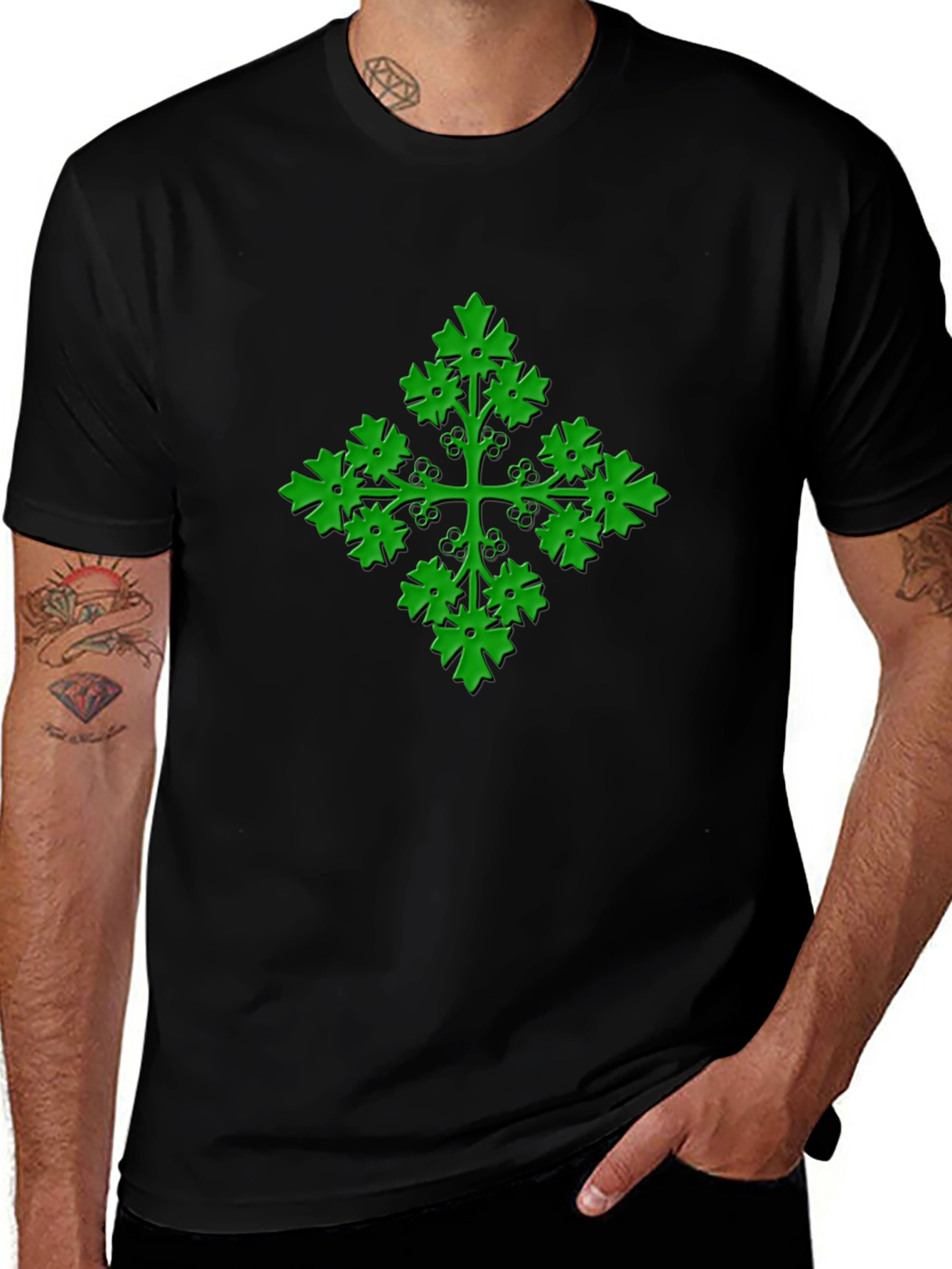 Green Leaf Cross Black T-Shirt