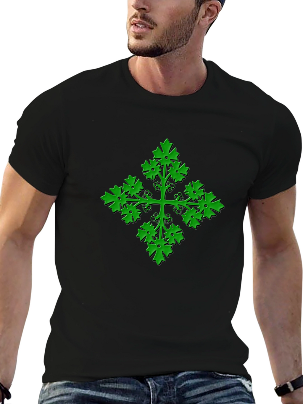 Green Leaf Cross Black T-Shirt