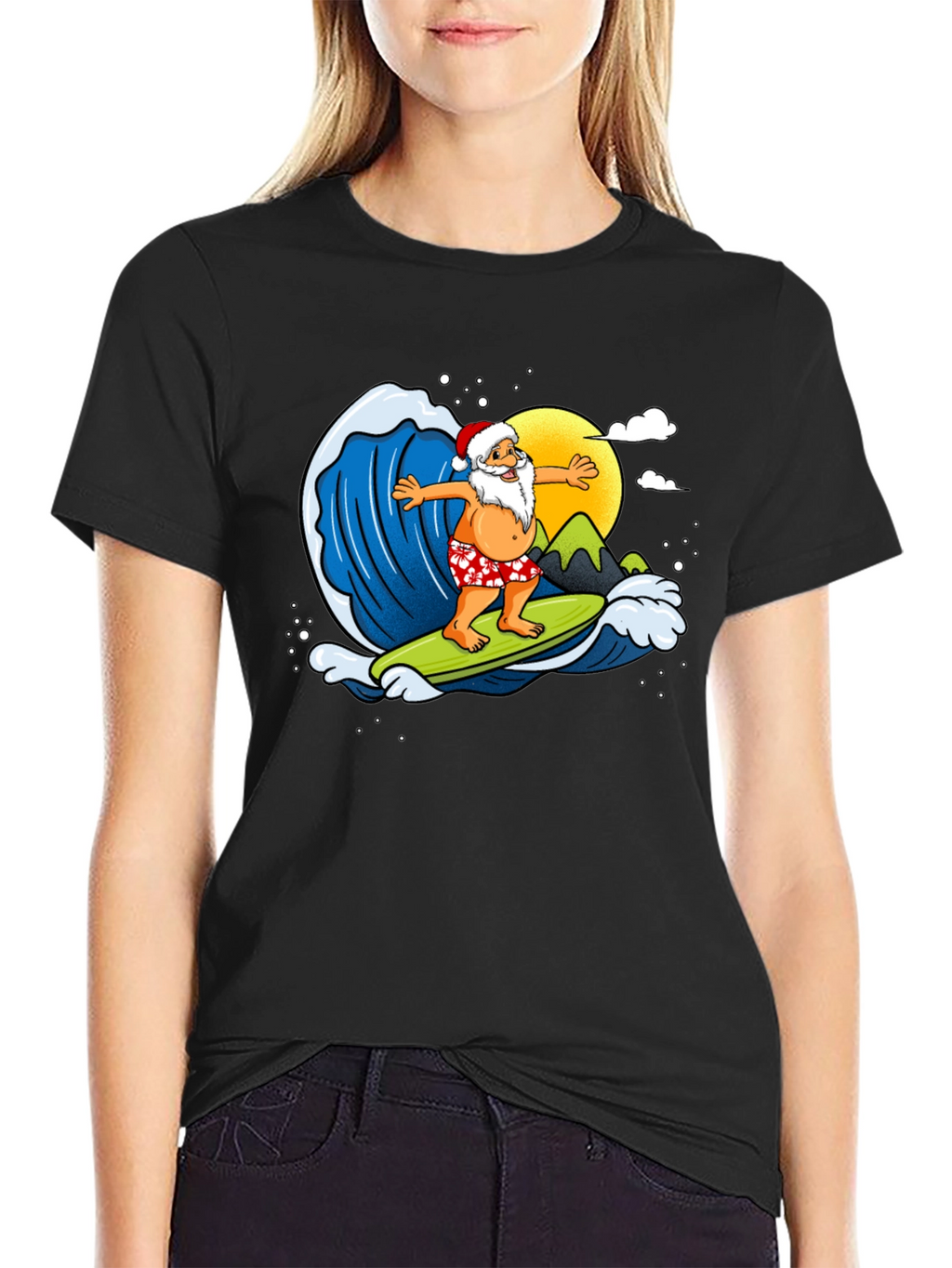 Surfing Santa Graphic T-Shirt - Holiday Fun!