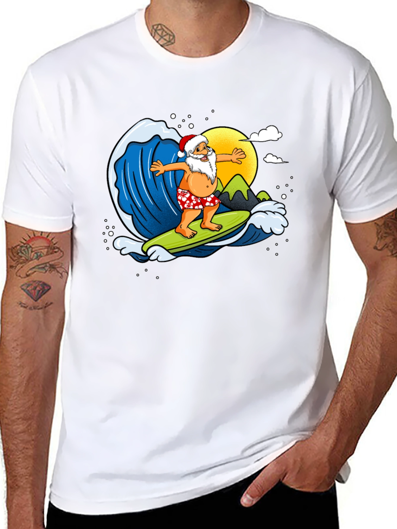 Surfing Santa Graphic T-Shirt - Holiday Fun!