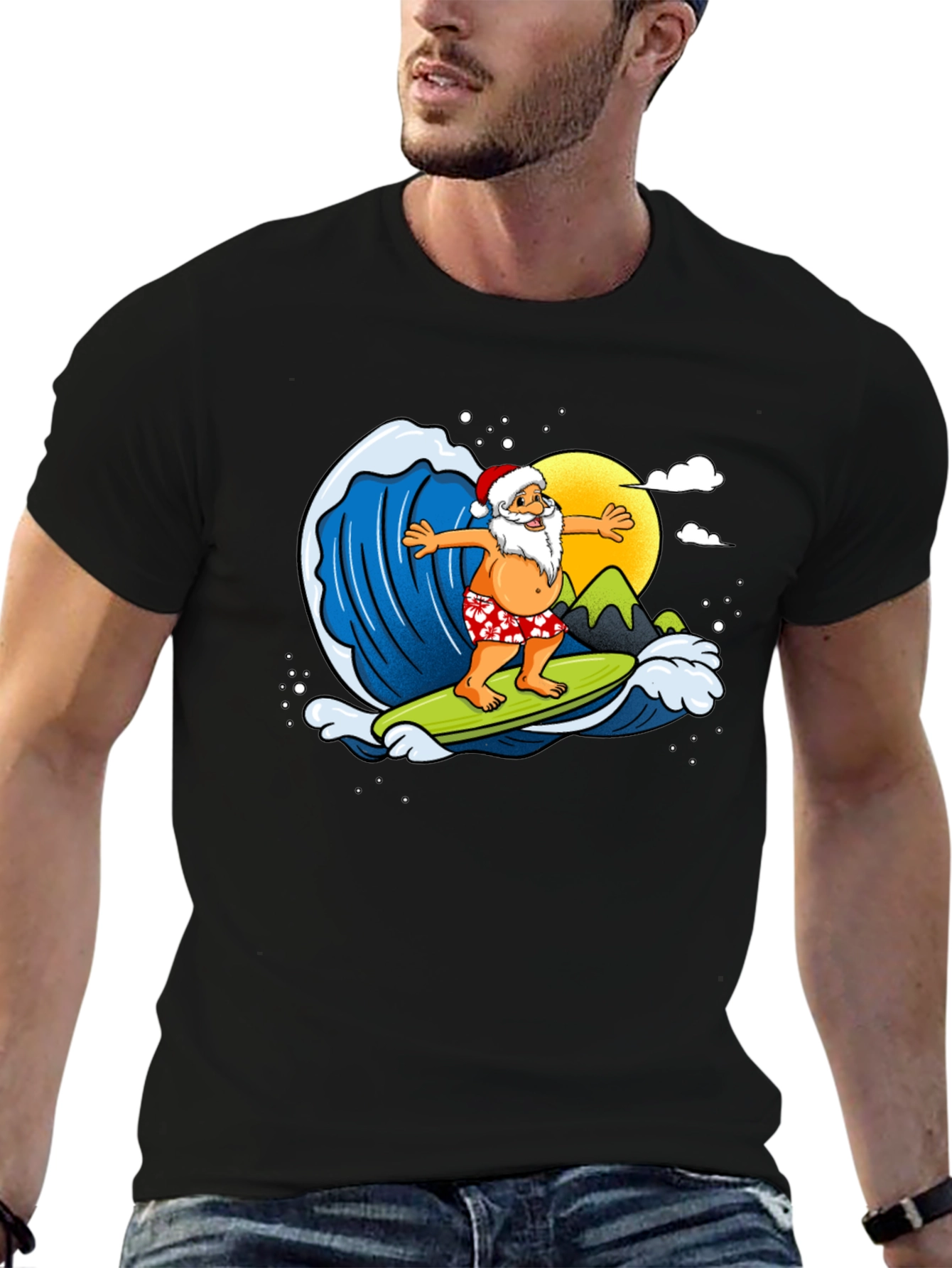 Surfing Santa Graphic T-Shirt - Holiday Fun!
