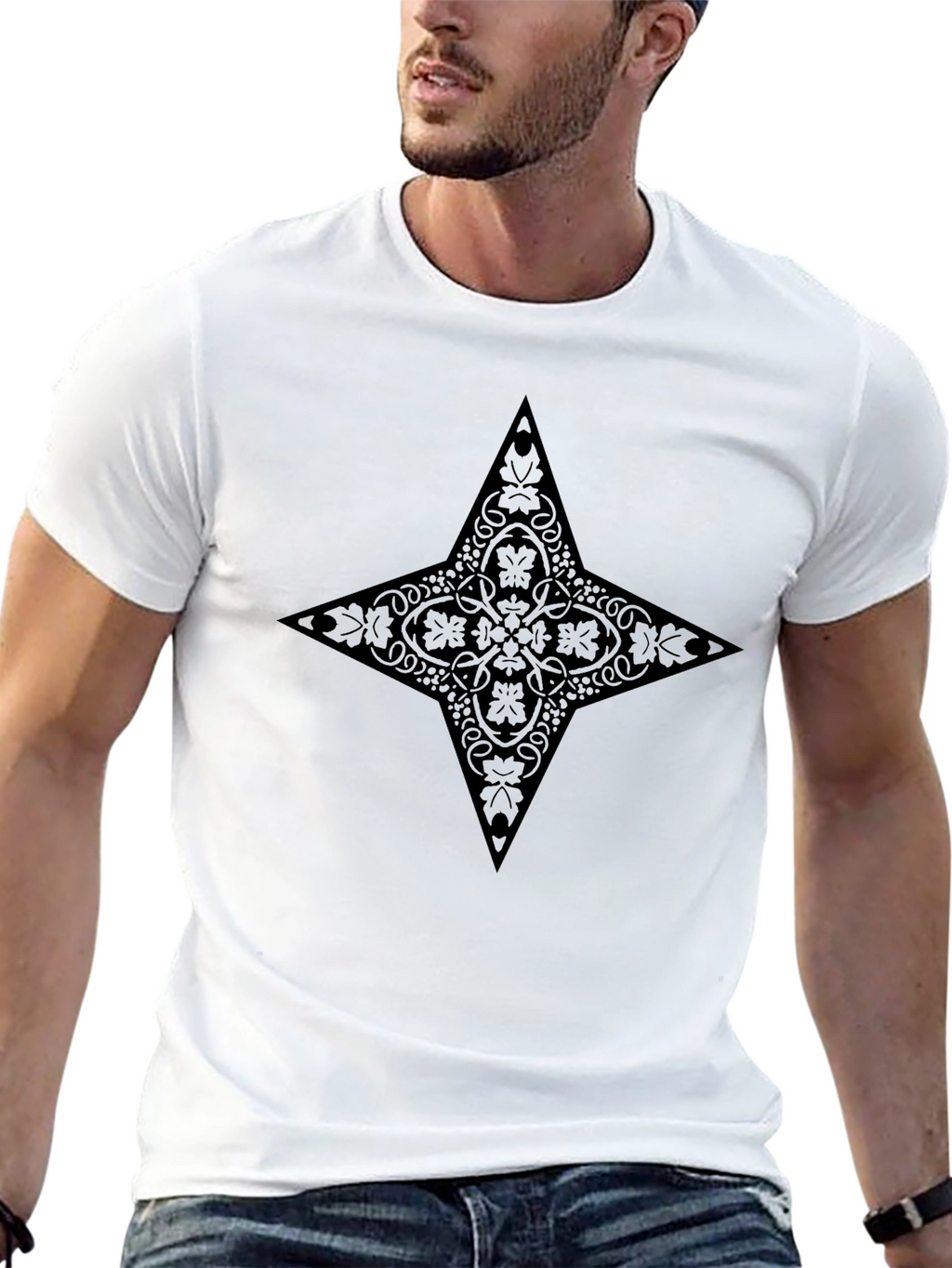 Stylish Black Tee with Ornate Star Design