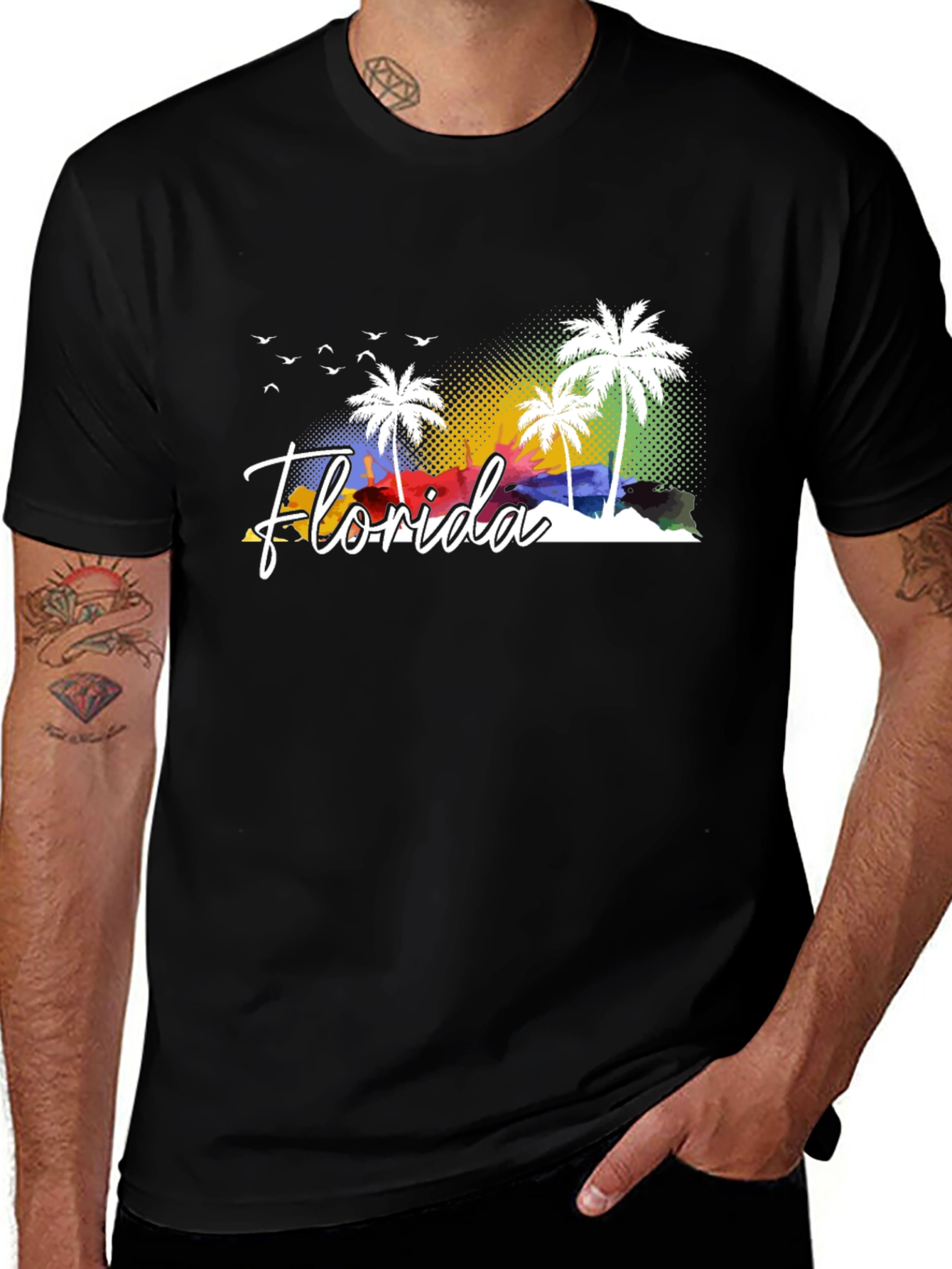 Florida Palm Tree Graphic Tee - Black Cotton T-Shirt