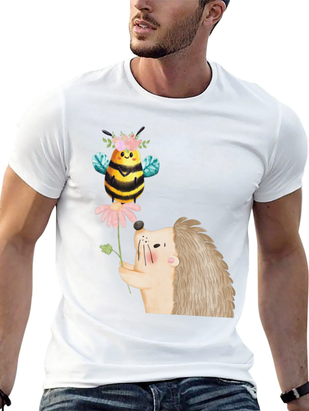 Cute Bee & Hedgehog Graphic T-Shirt