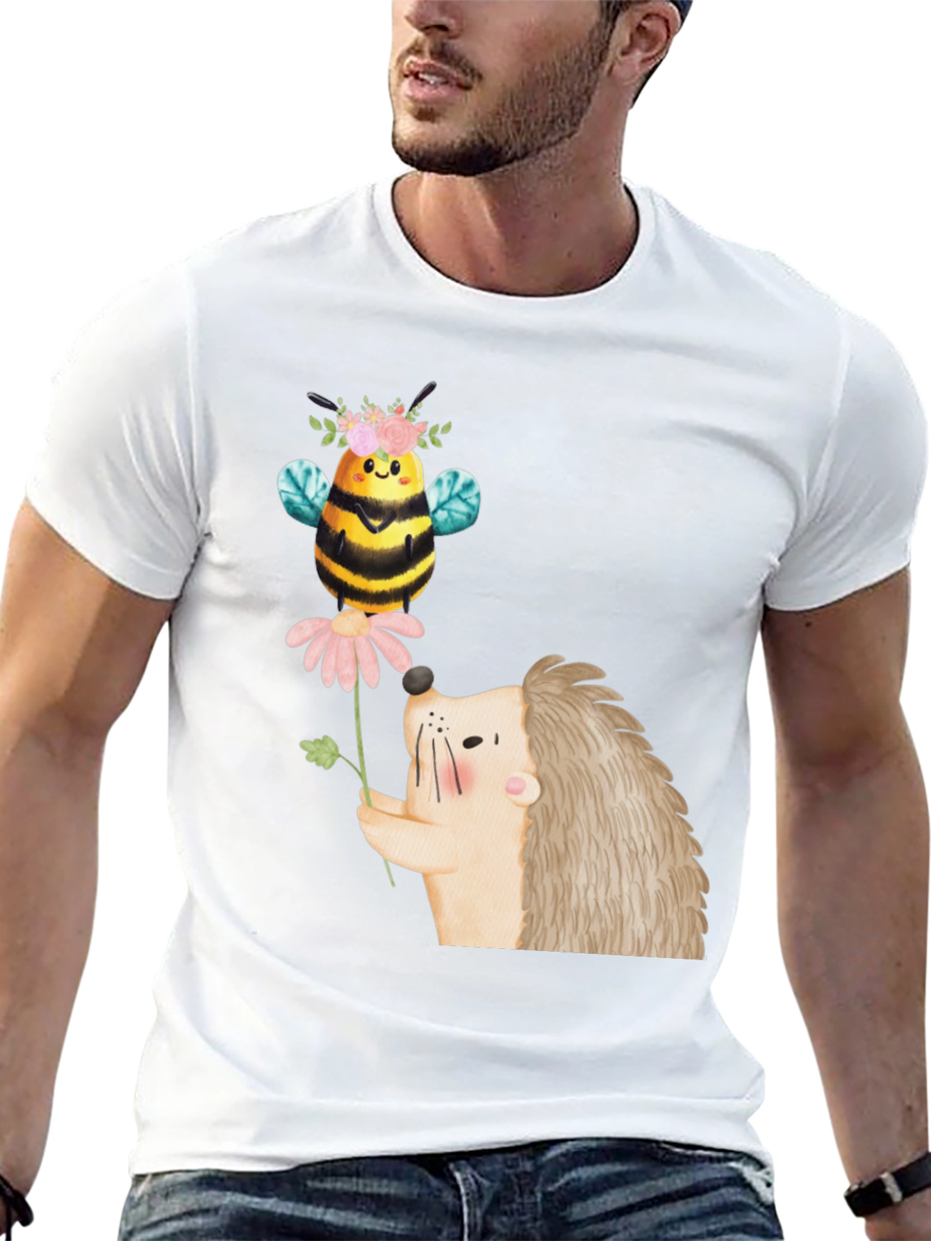 Cute Bee & Hedgehog Graphic T-Shirt