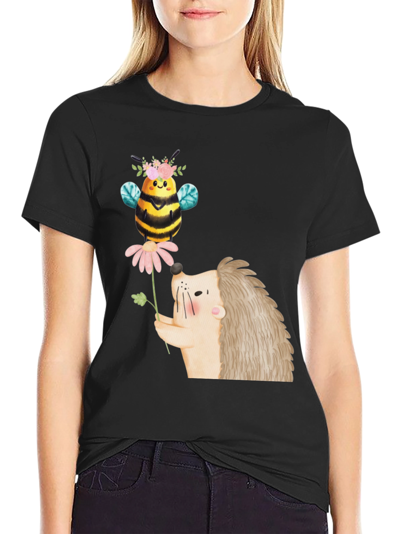 Cute Bee & Hedgehog Graphic T-Shirt