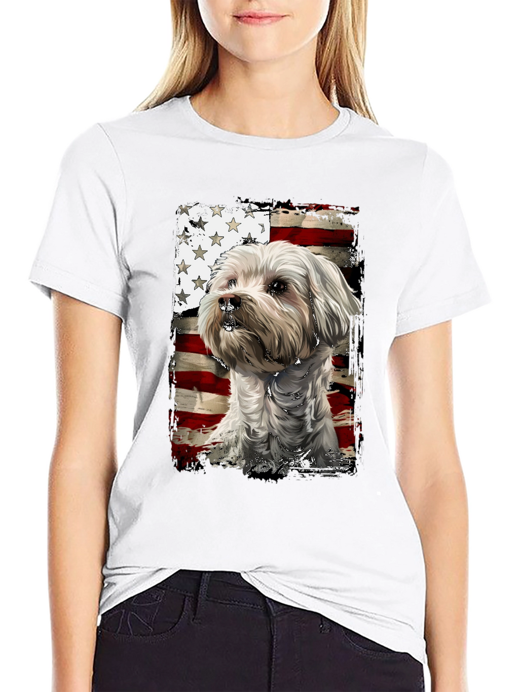 Patriotic Dog T-Shirt - USA Flag Maltese Design