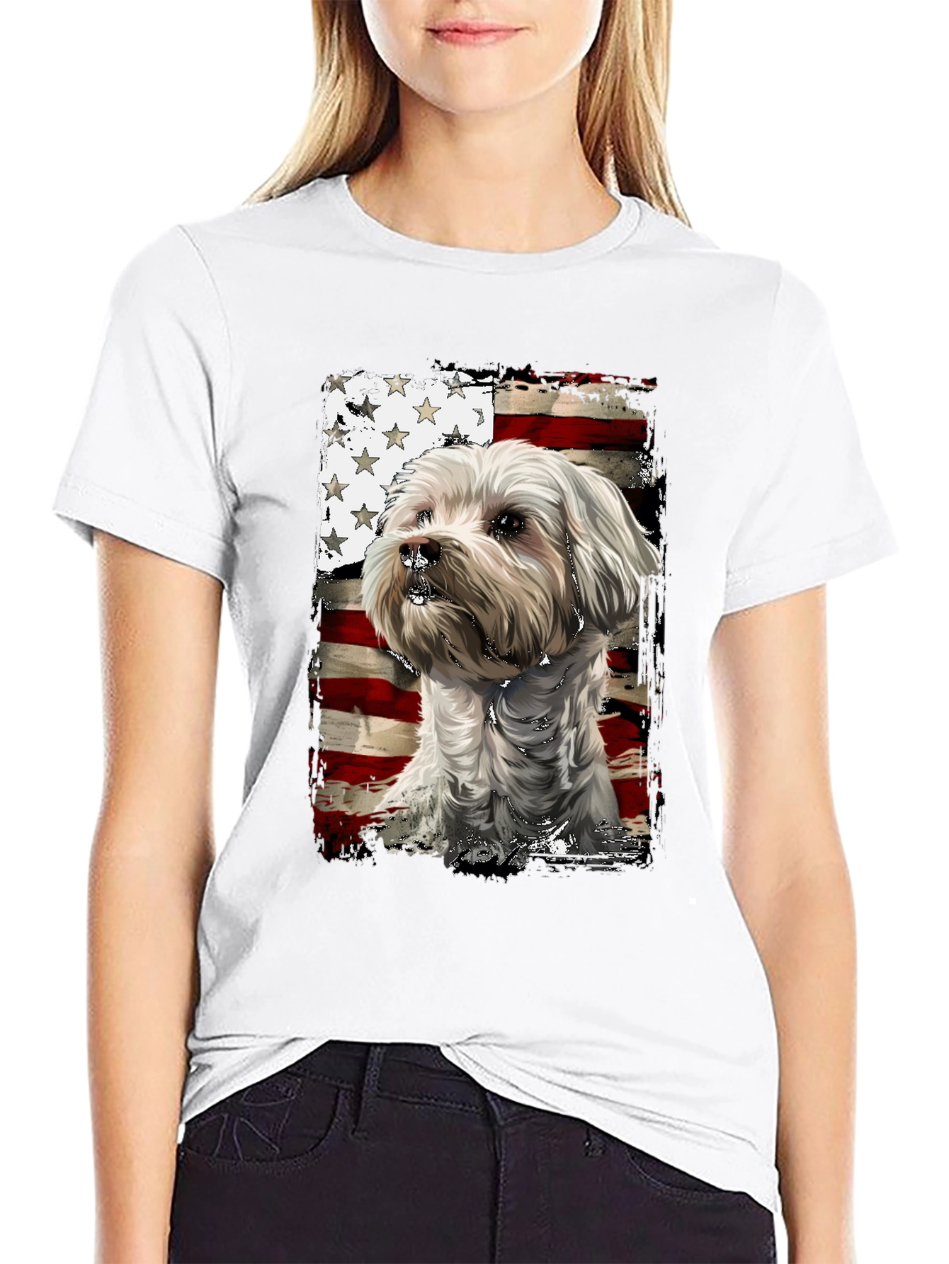 Patriotic Dog T-Shirt - USA Flag Maltese Design