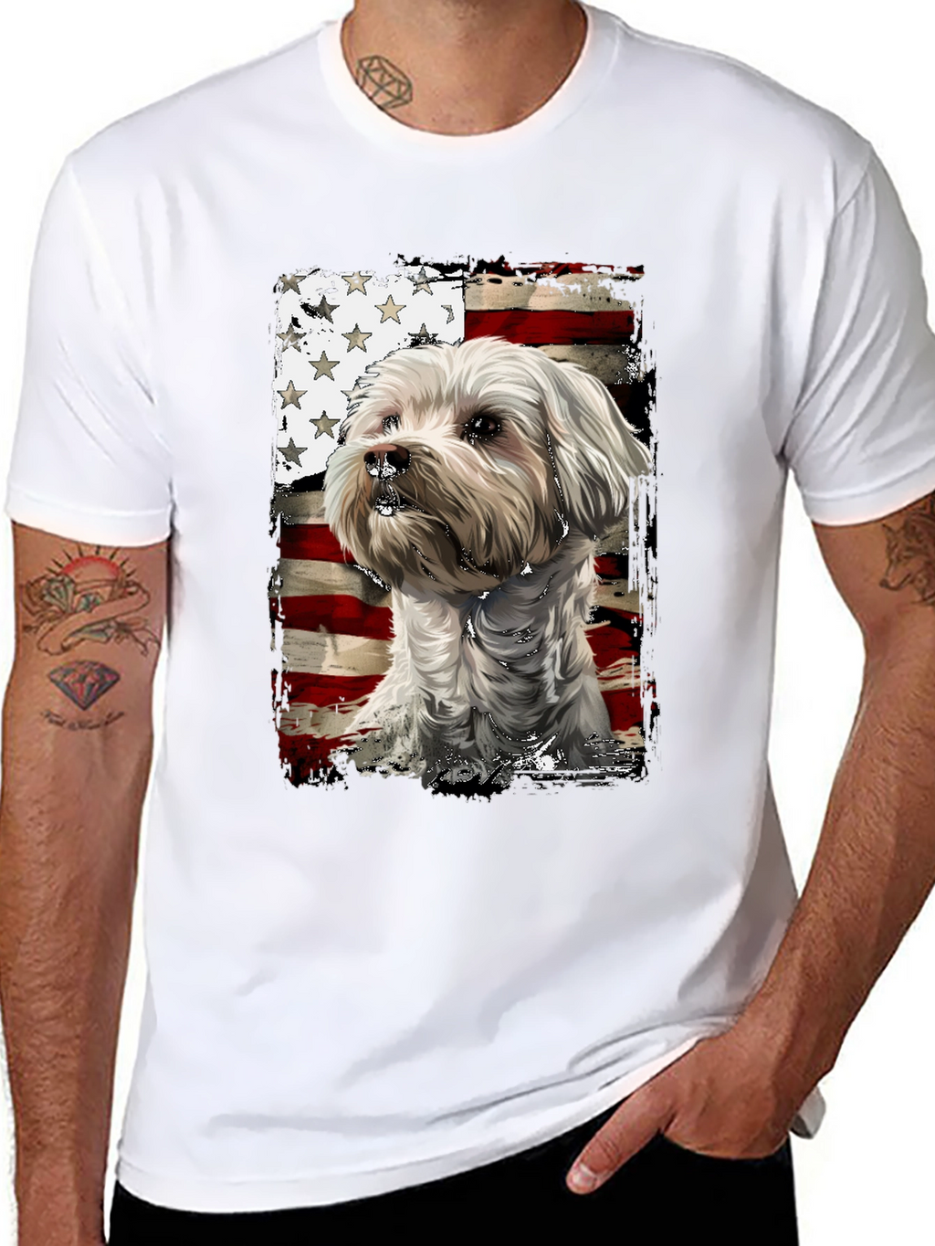 Patriotic Dog T-Shirt - USA Flag Maltese Design