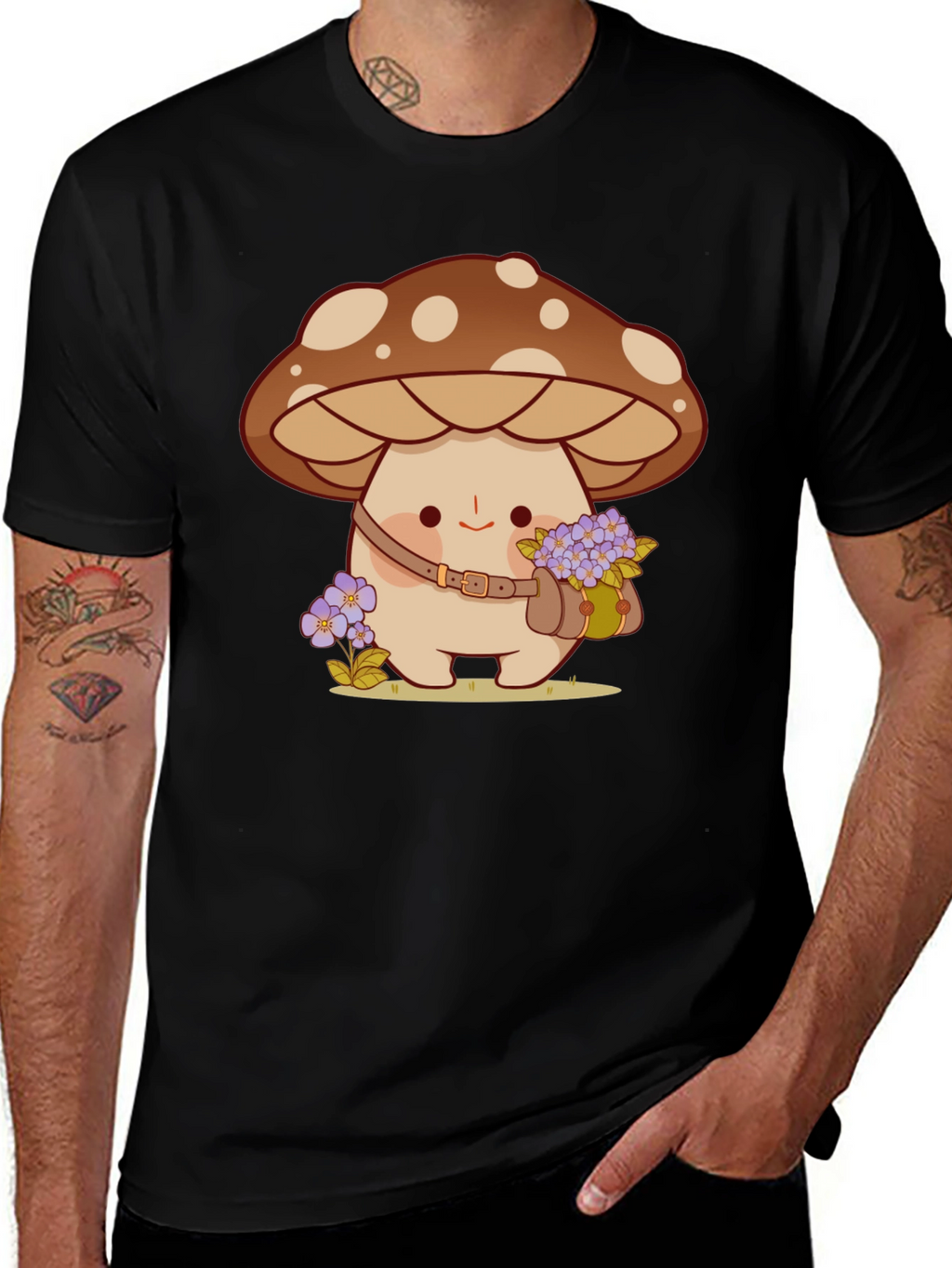 Cute Mushroom Character Black T-Shirt