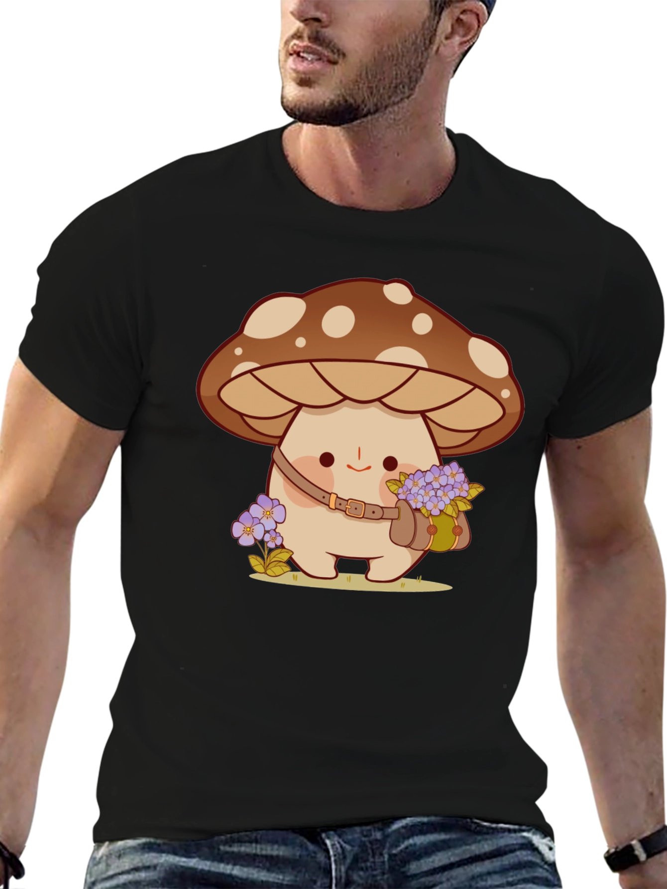 Cute Mushroom Character Black T-Shirt