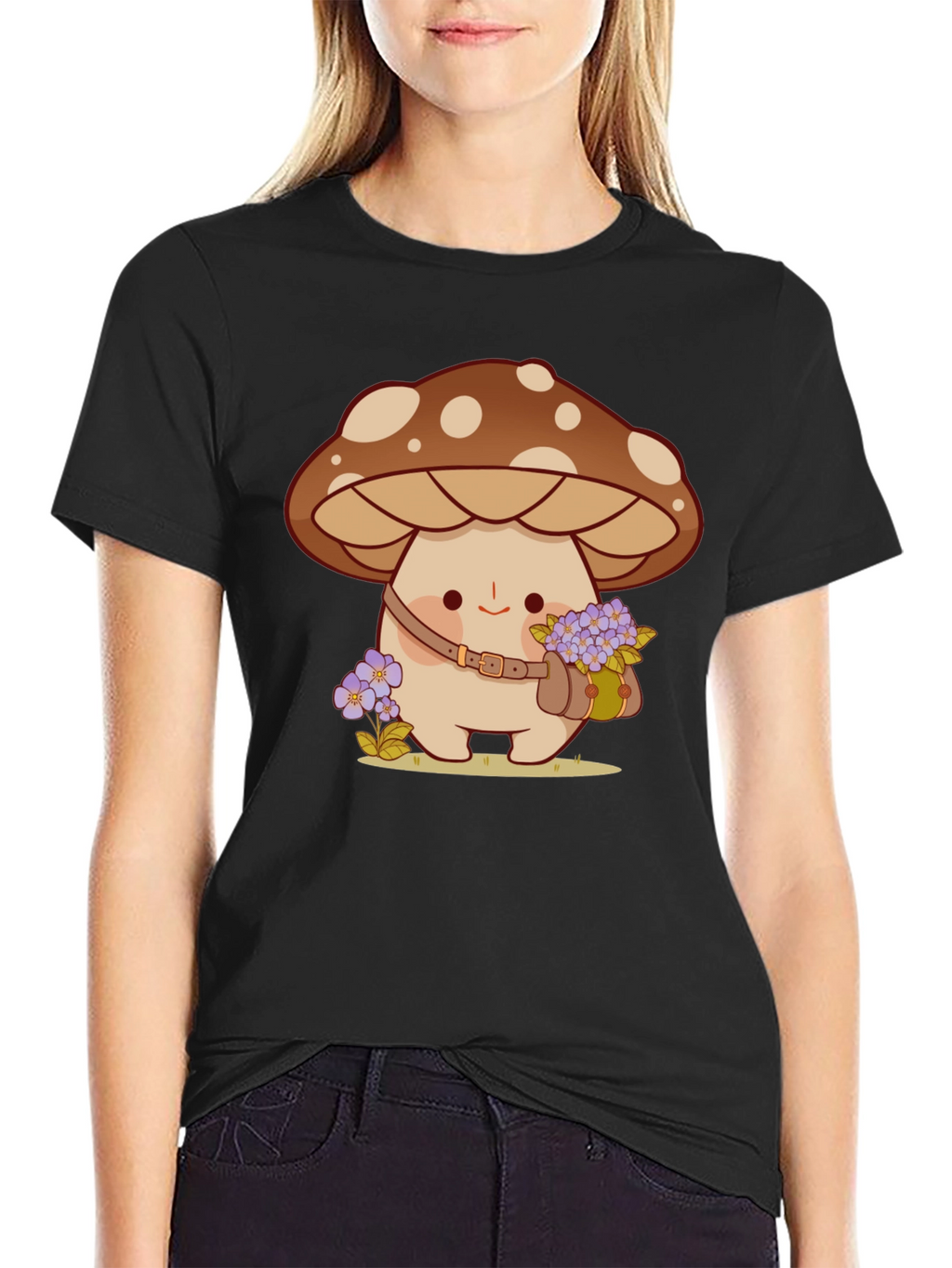 Cute Mushroom Character Black T-Shirt