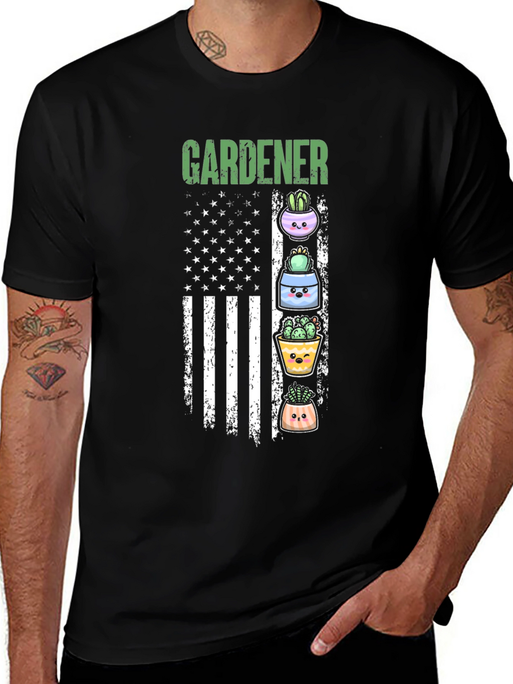 Gardener Cactus American Flag Graphic T-Shirt