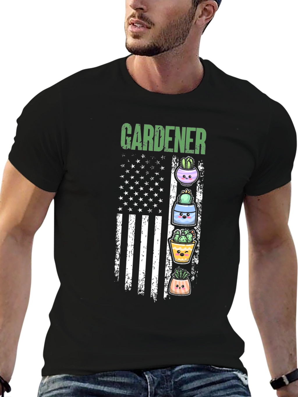 Gardener Cactus American Flag Graphic T-Shirt