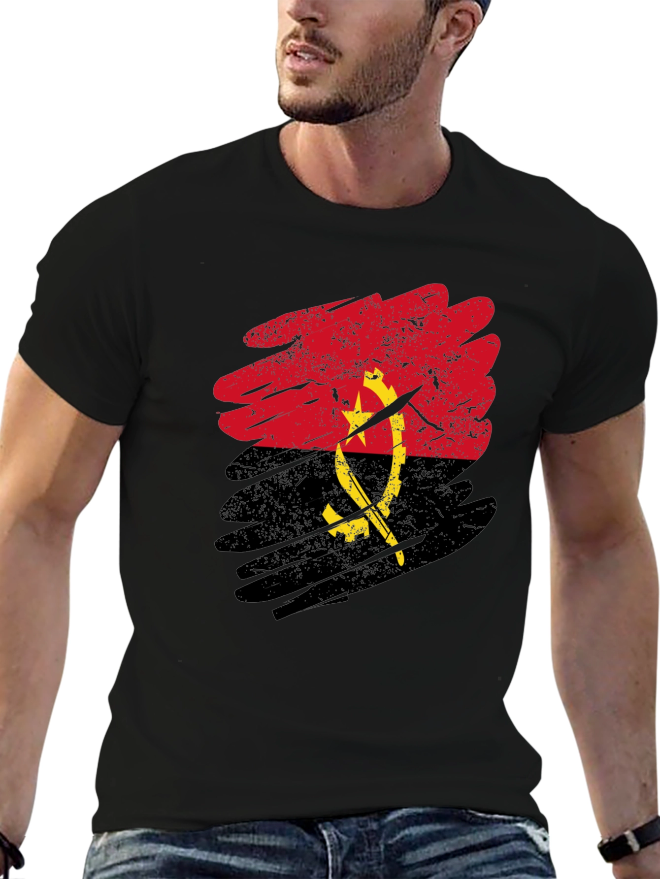 Angola Flag Graphic T-Shirt - Black Casual Tee