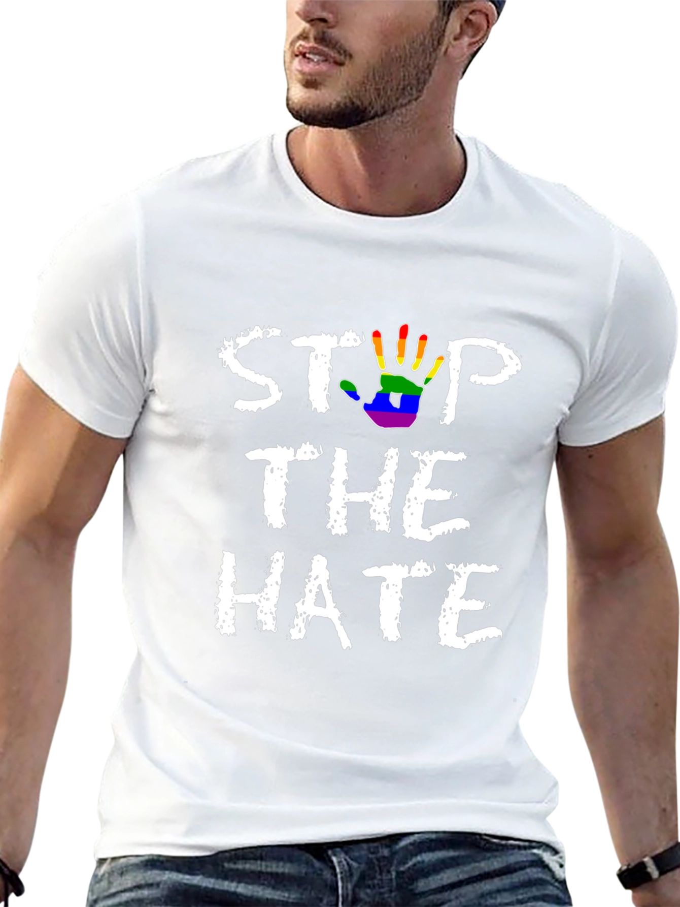 Stop The Hate T-Shirt - Rainbow Hand Print