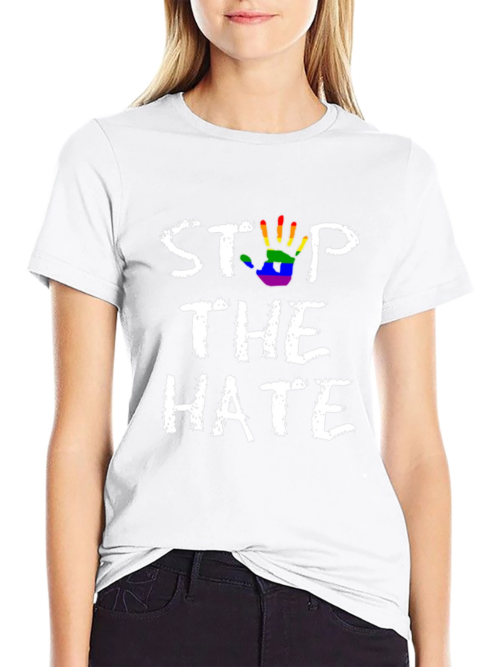 Stop The Hate T-Shirt - Rainbow Hand Print