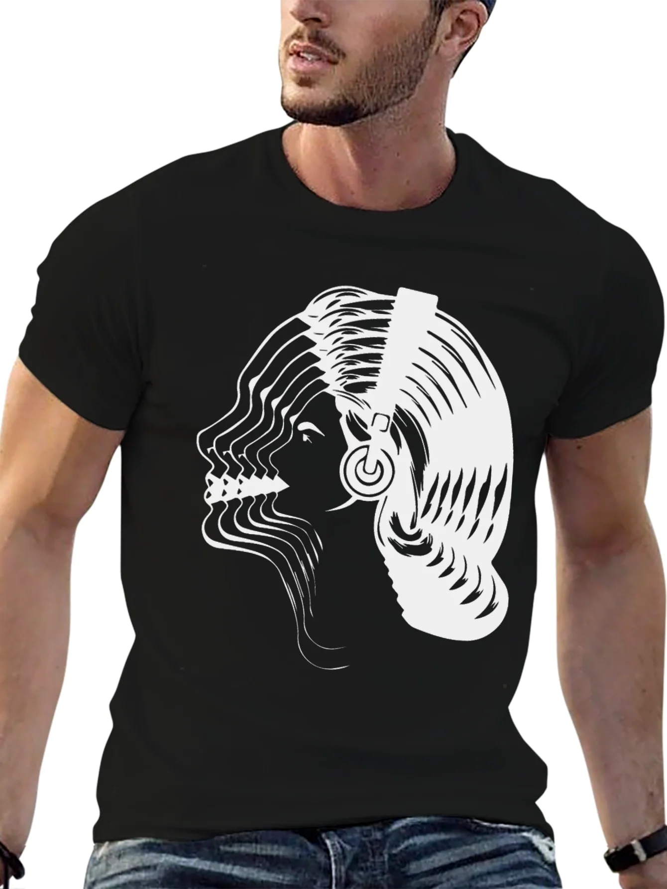 Abstract Woman Headphones Graphic Tee - Black Cotton Blend
