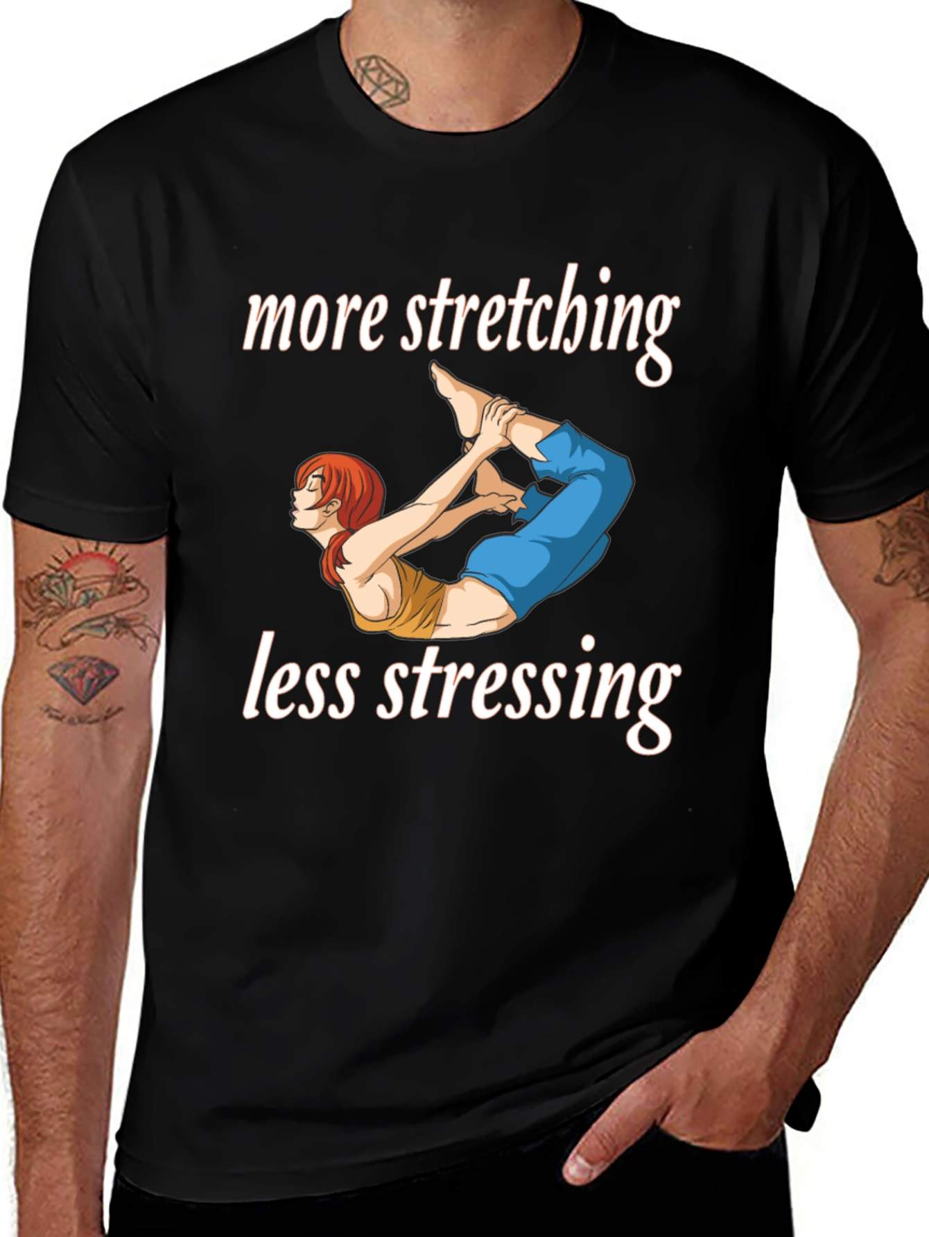 More Stretching Less Stressing Yoga Black T-Shirt
