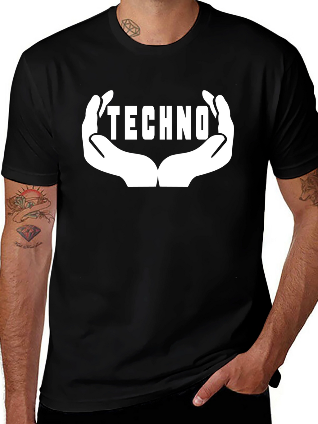Techno Music Graphic Tee - Hands Design Black Cotton